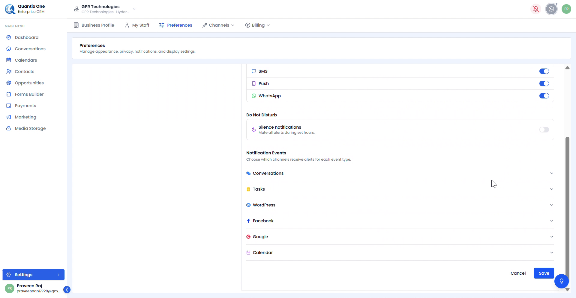 Preferences – Notification Events