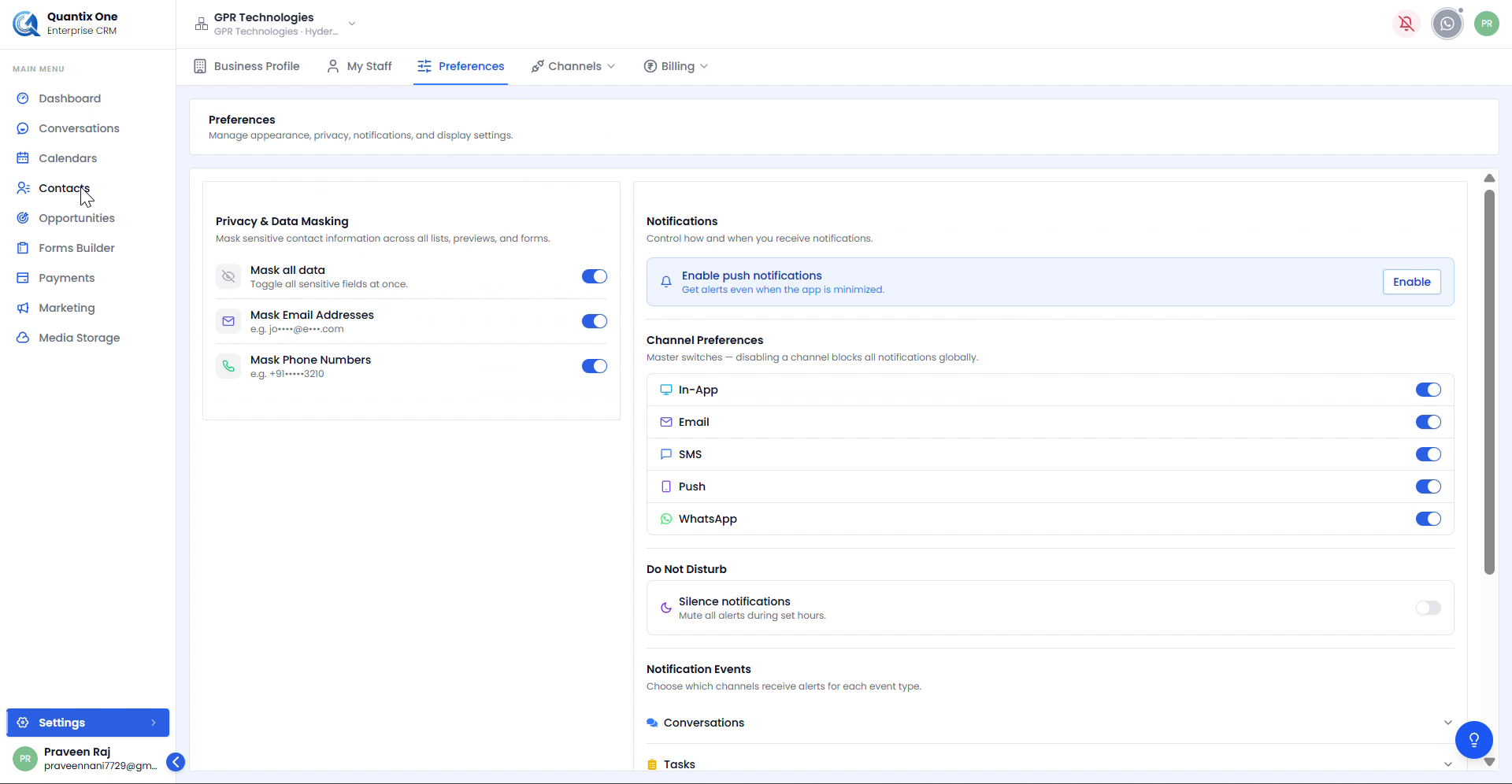 Preferences – Privacy & Notifications