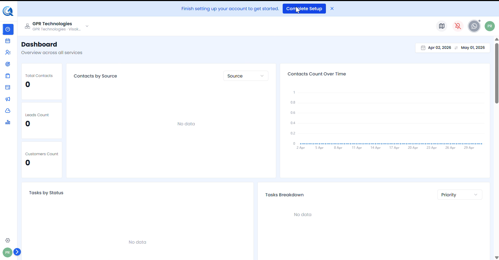 Dashboard with Complete Setup prompt