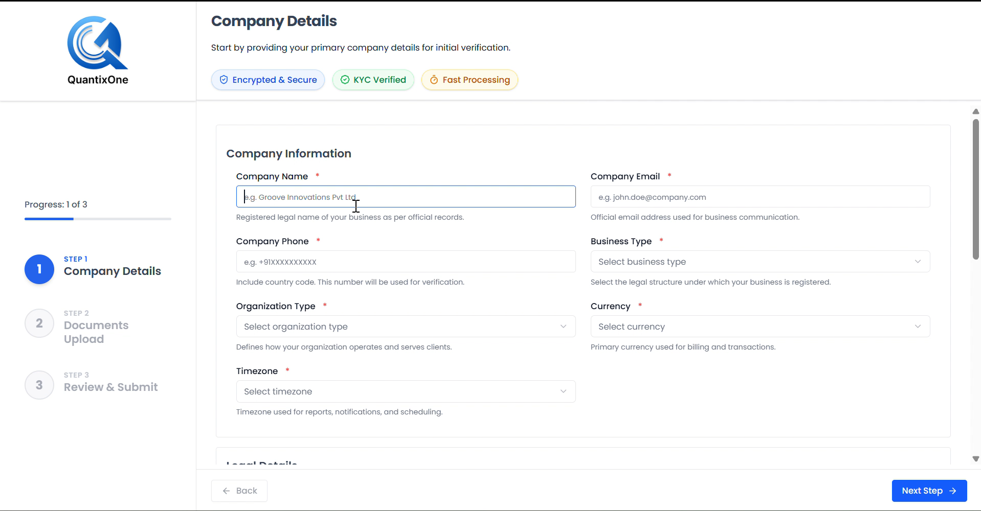 Company Information fields