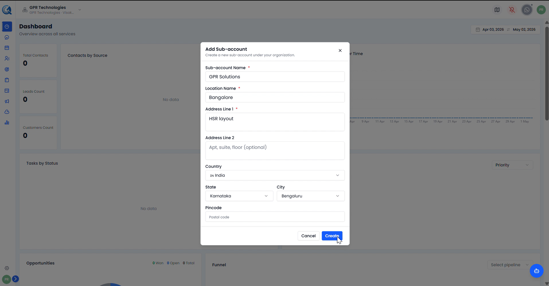 Add Sub-account modal — filled and ready to create