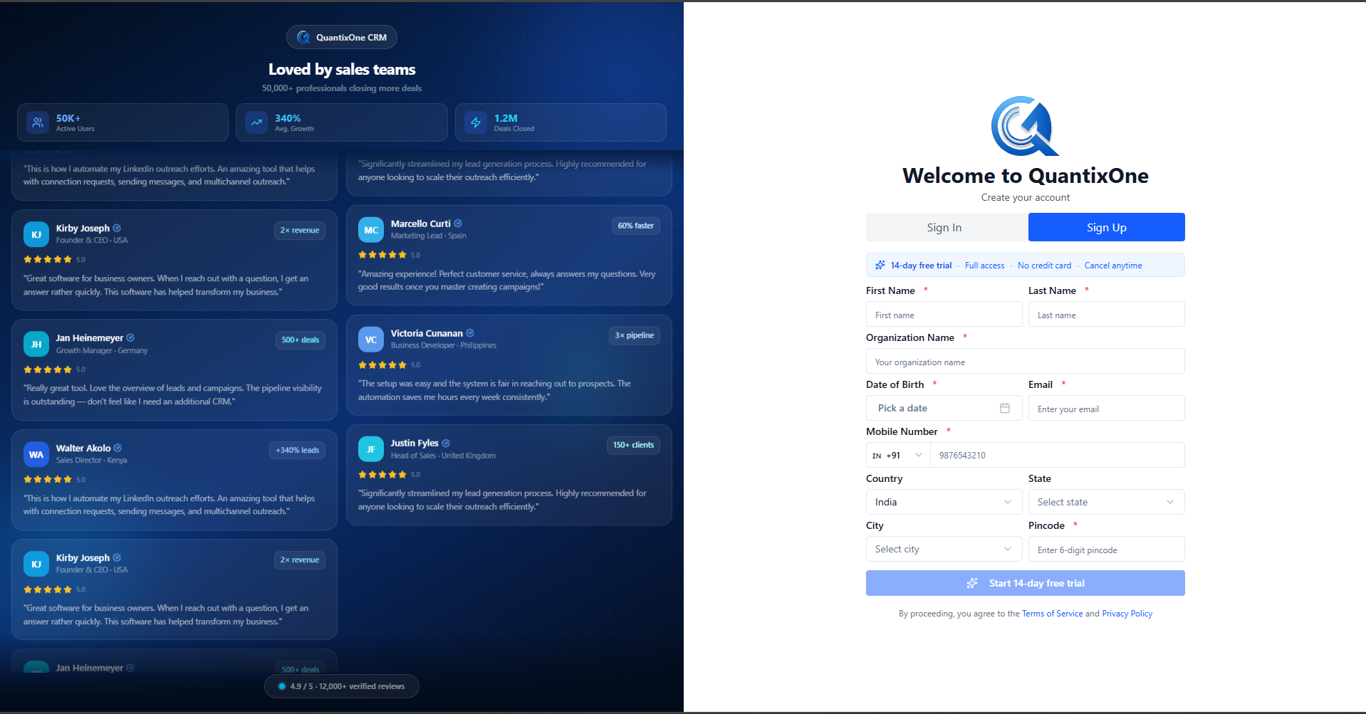 Welcome to QuantixOne Sign Up page