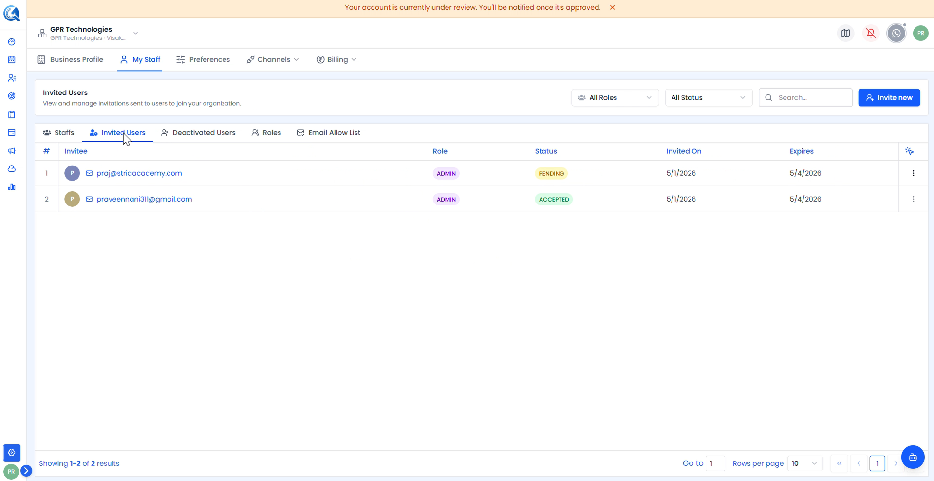 Invited Users list