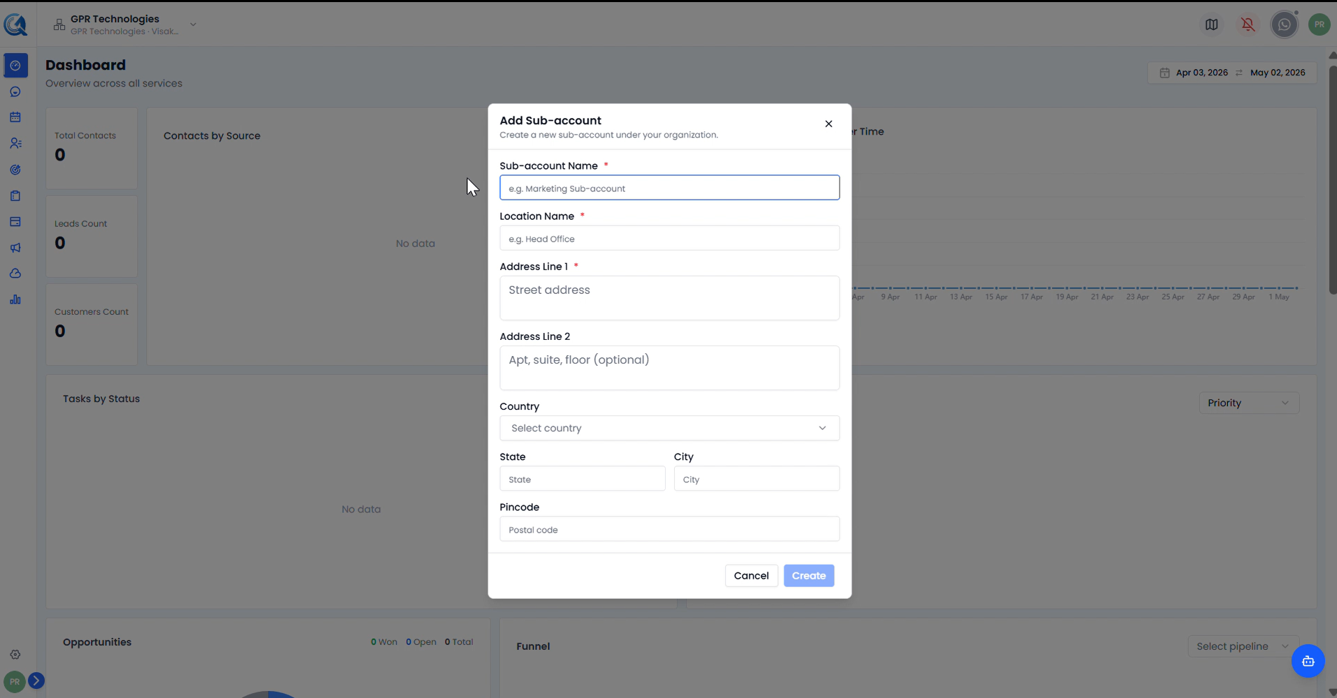 Add Sub-account modal — empty form