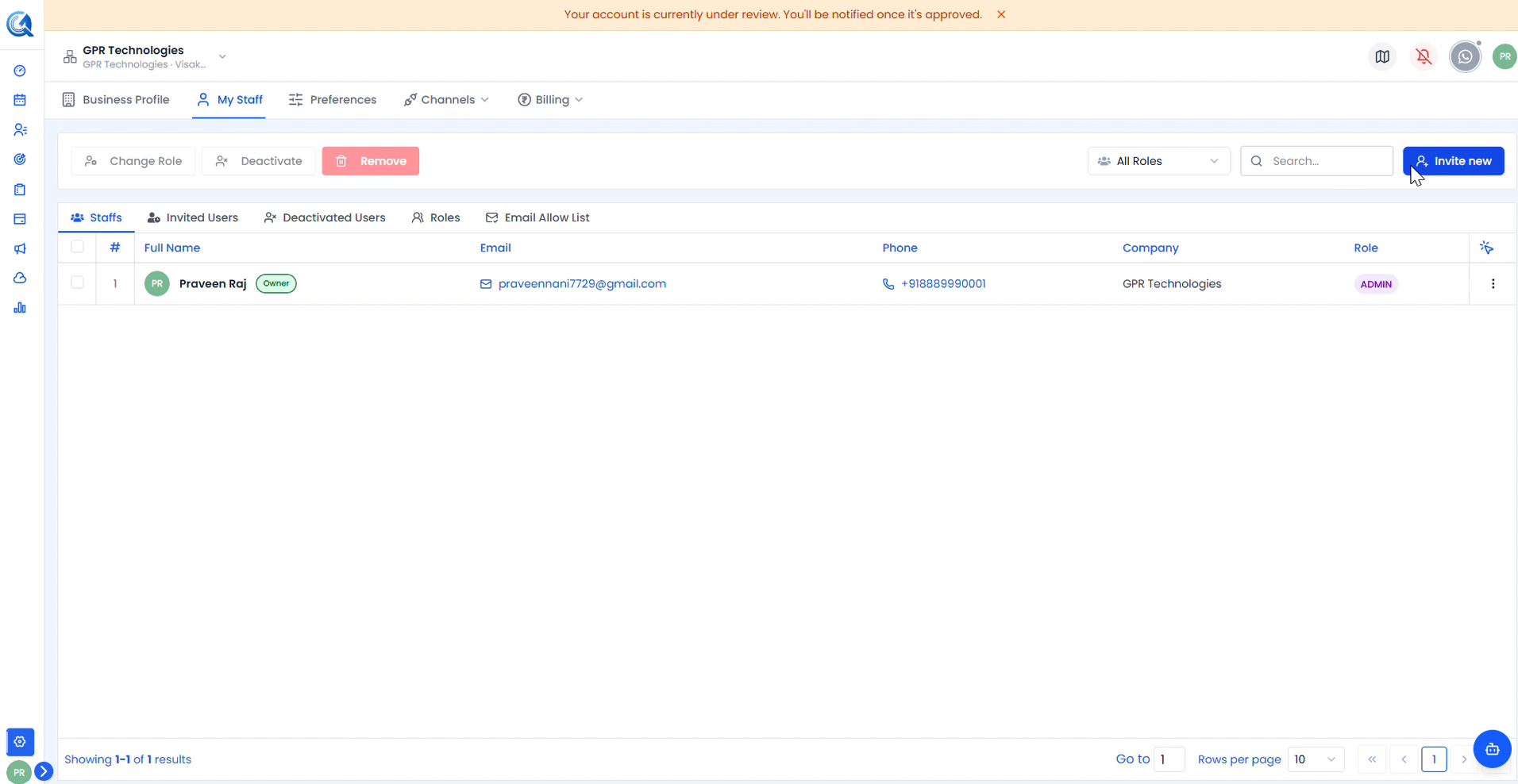Staffs list with Invite new button