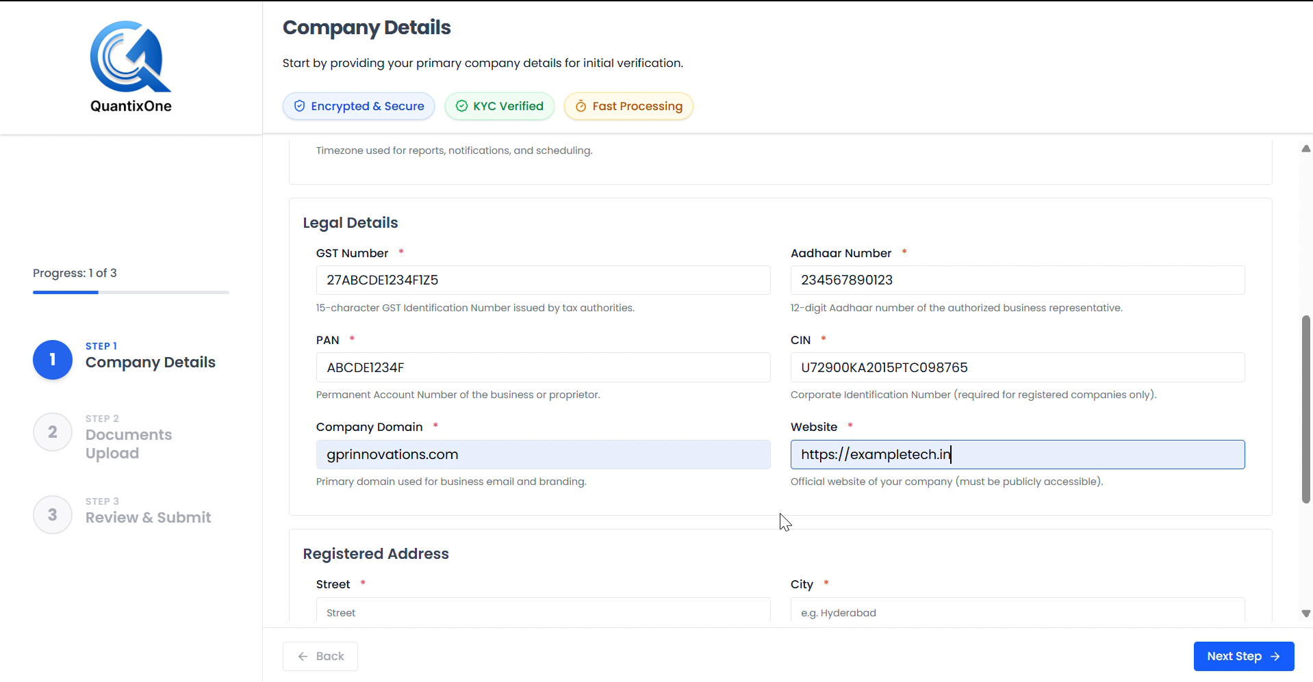 Legal details section