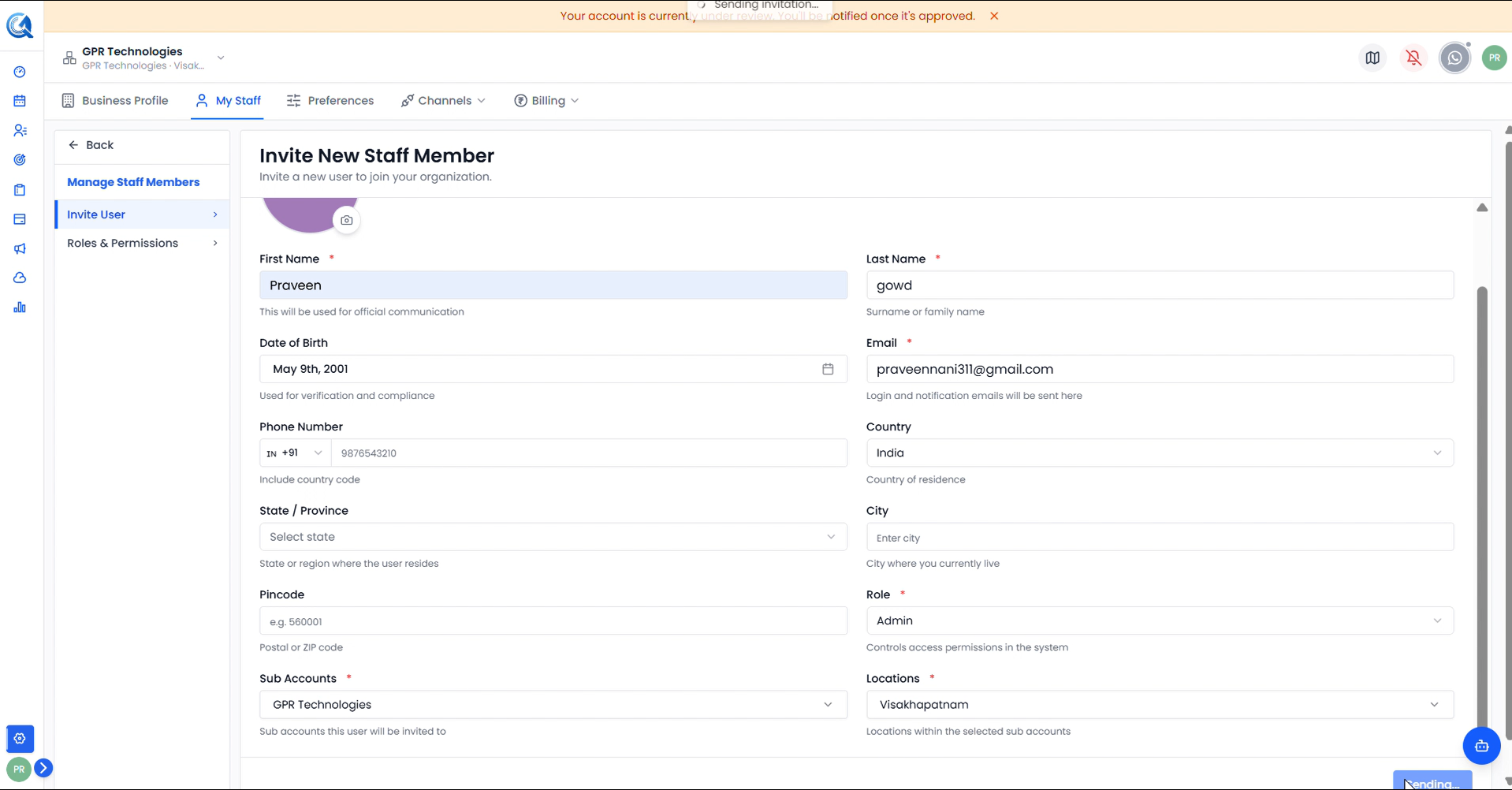 Invite form — personal details