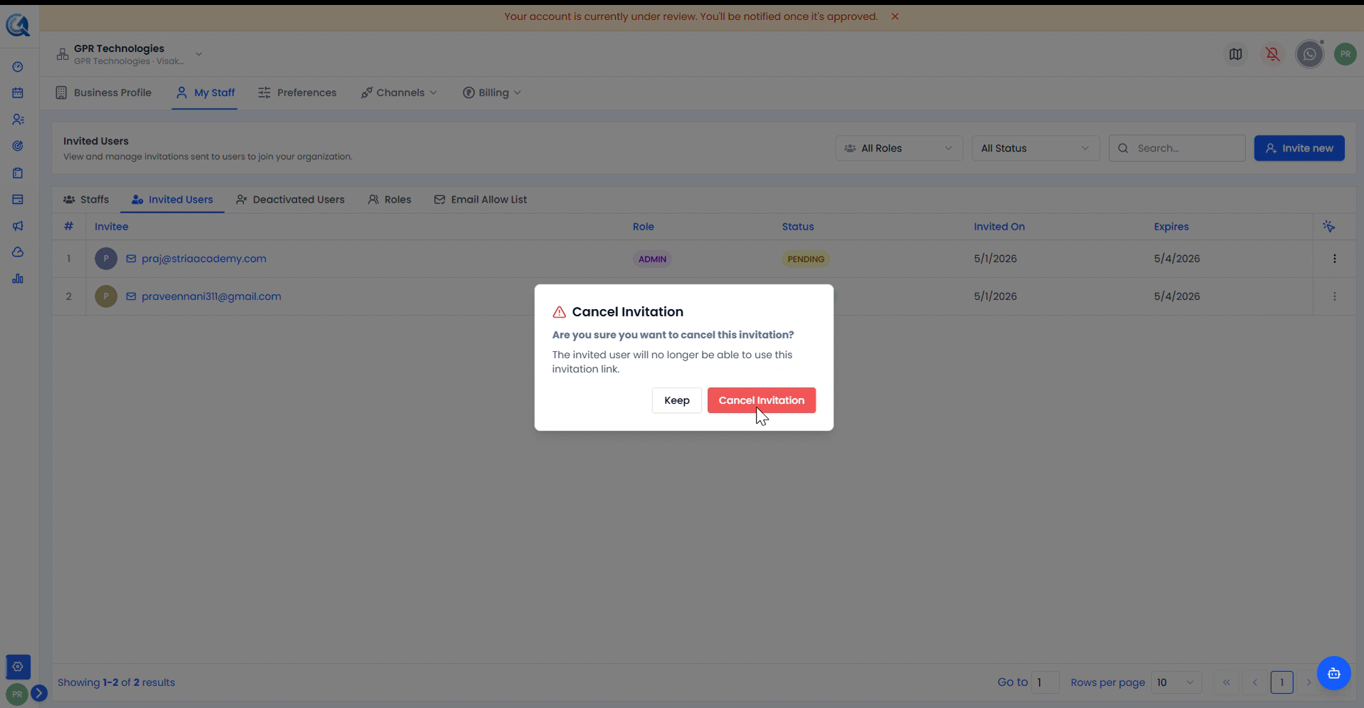 Cancel Invitation dialog