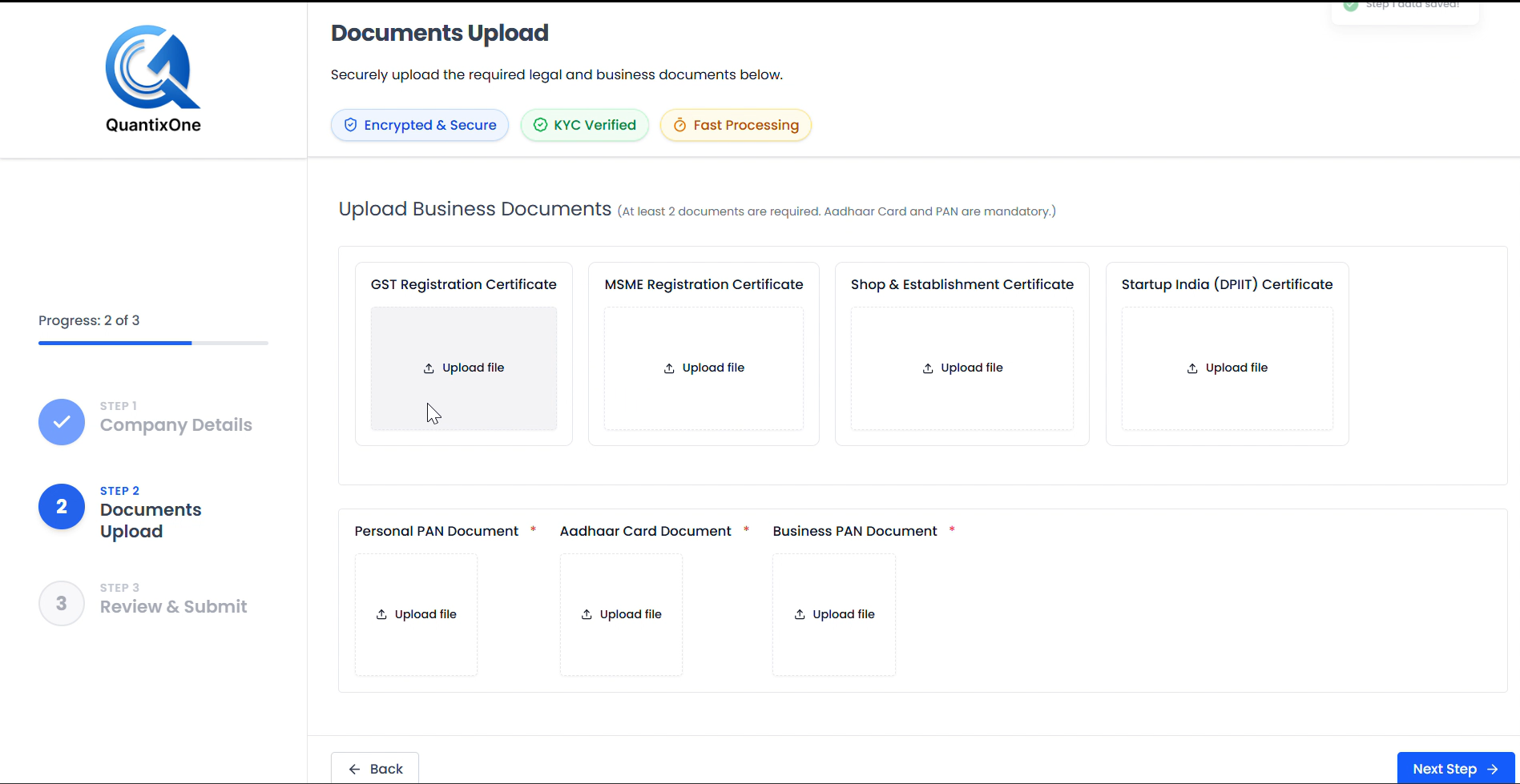 Documents Upload page