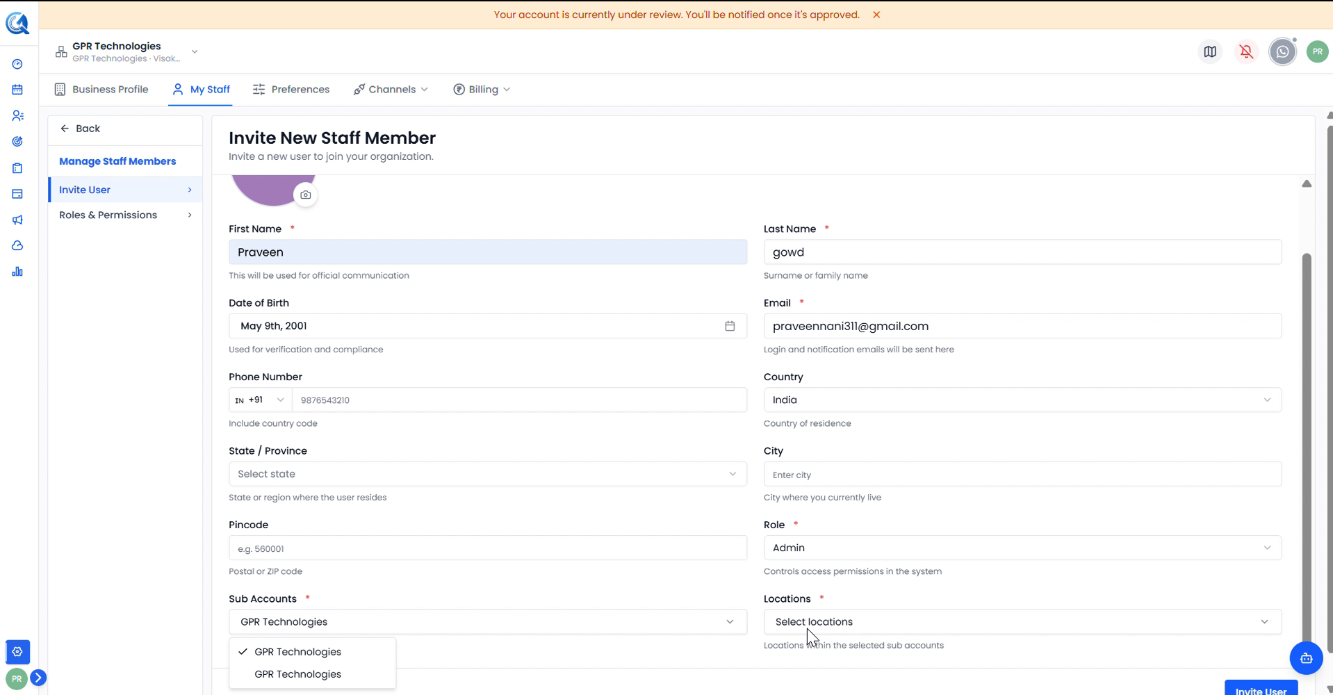 Invite form — role and access