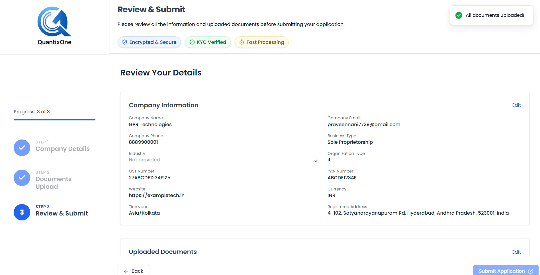 Review and Submit — Company Info