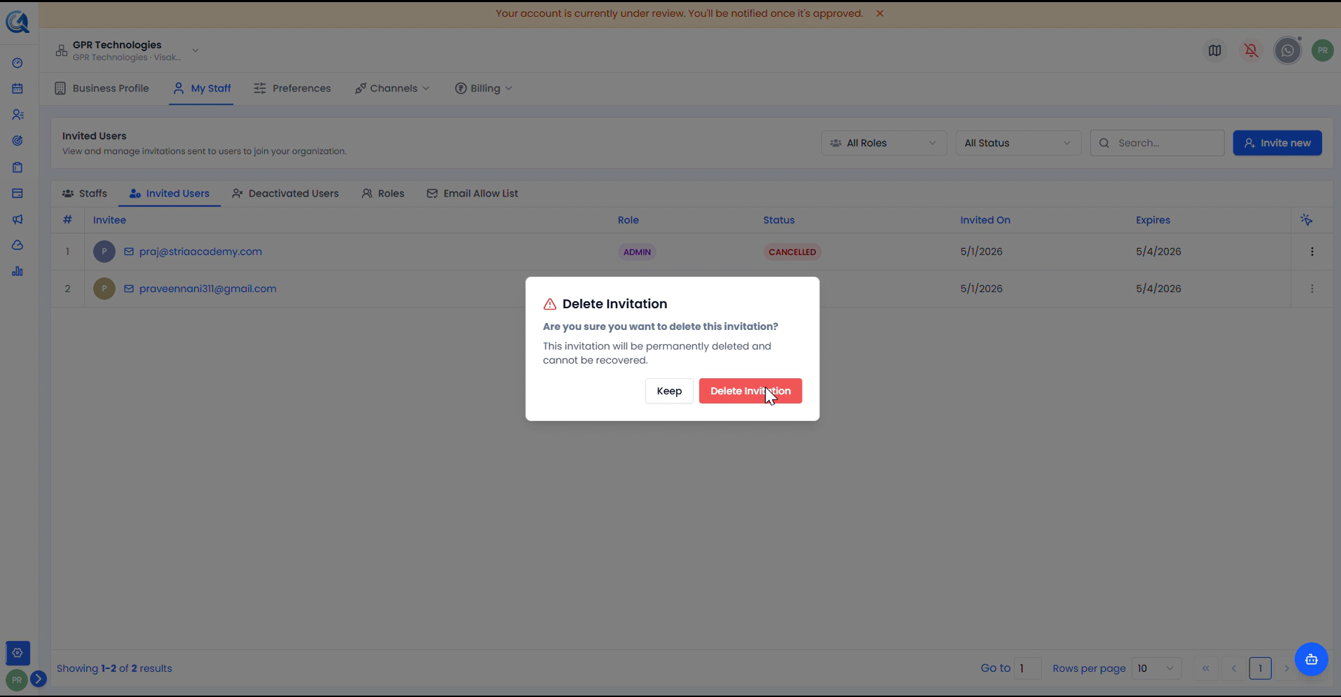Delete Invitation dialog