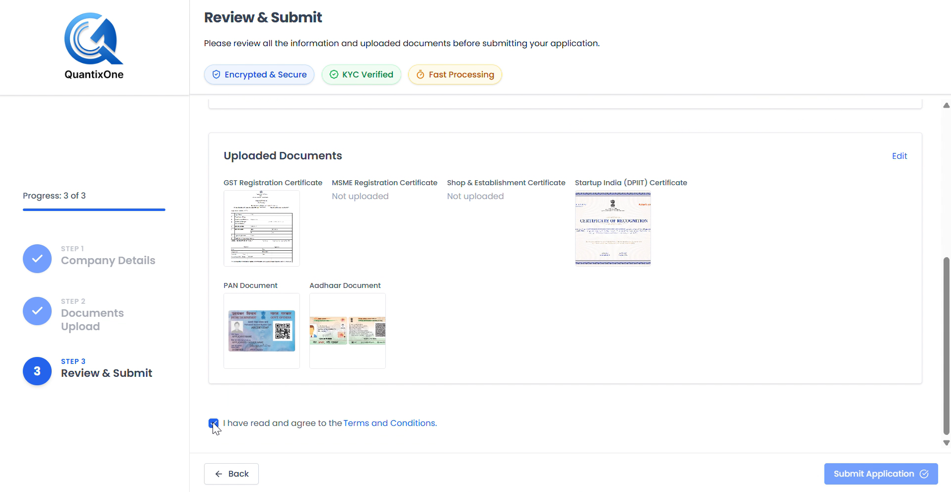 Review and Submit — Uploaded Documents