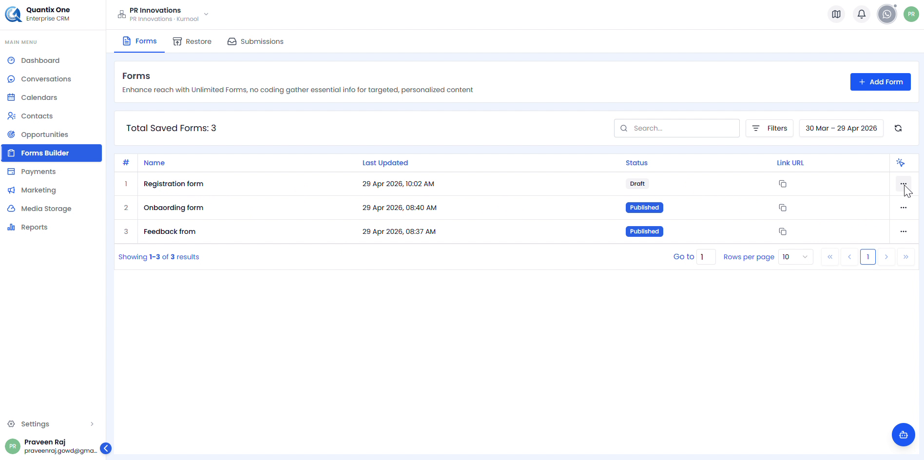 Action menu on form row