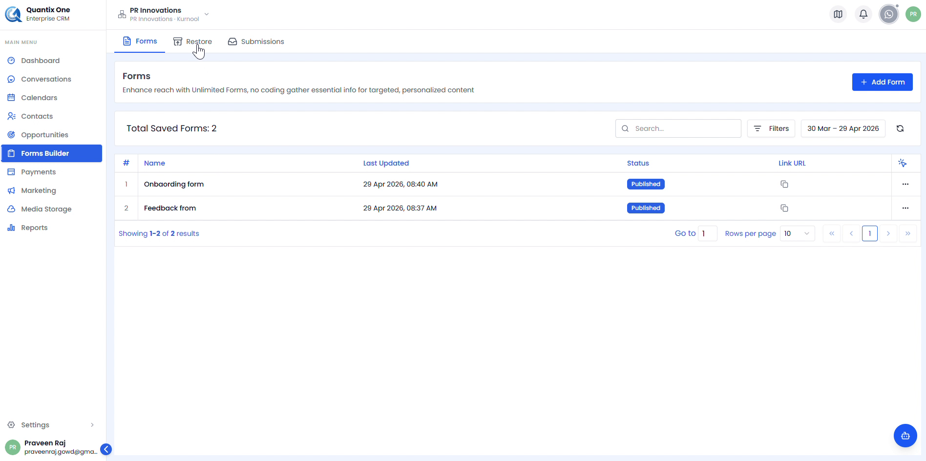 Forms list after deletion