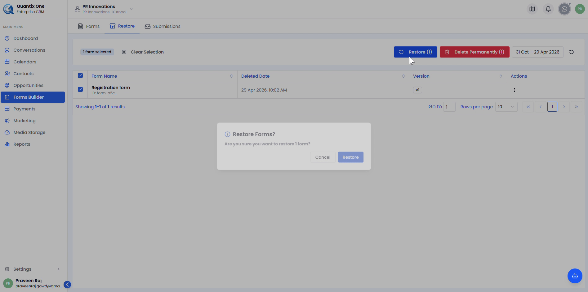 Restore confirmation dialog