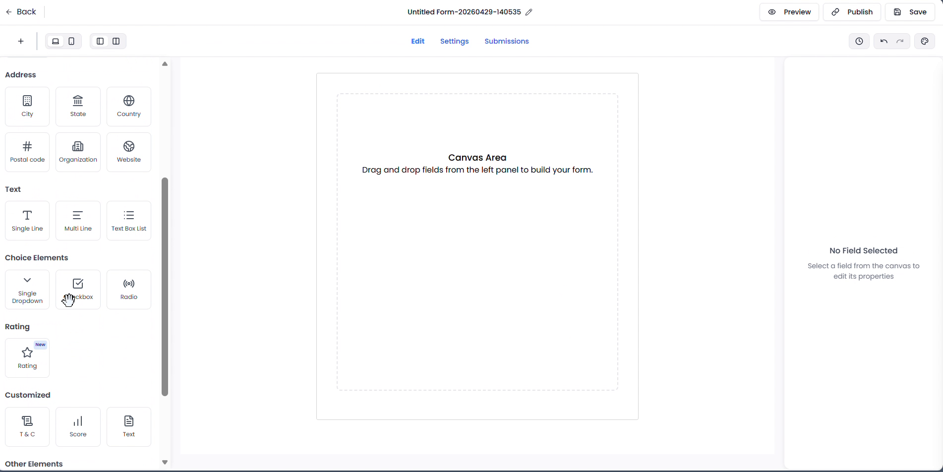 Form builder canvas empty
