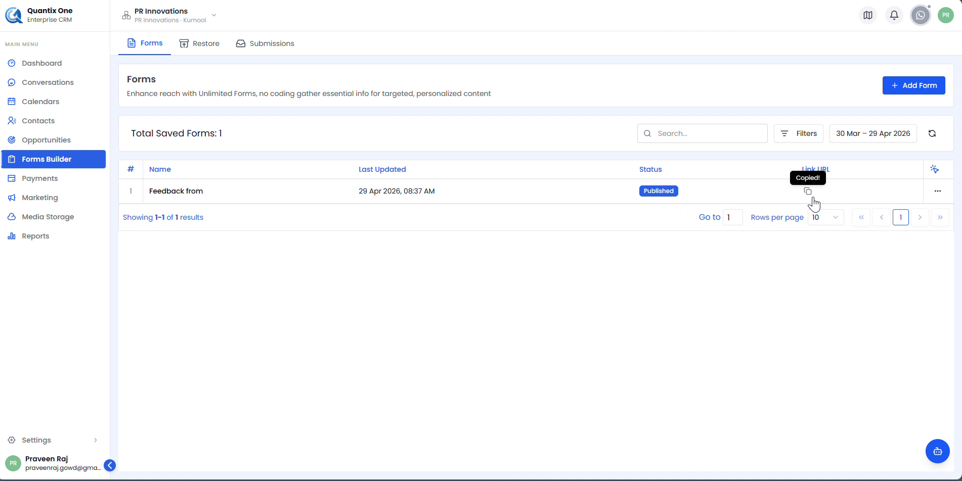 Published form with copy link