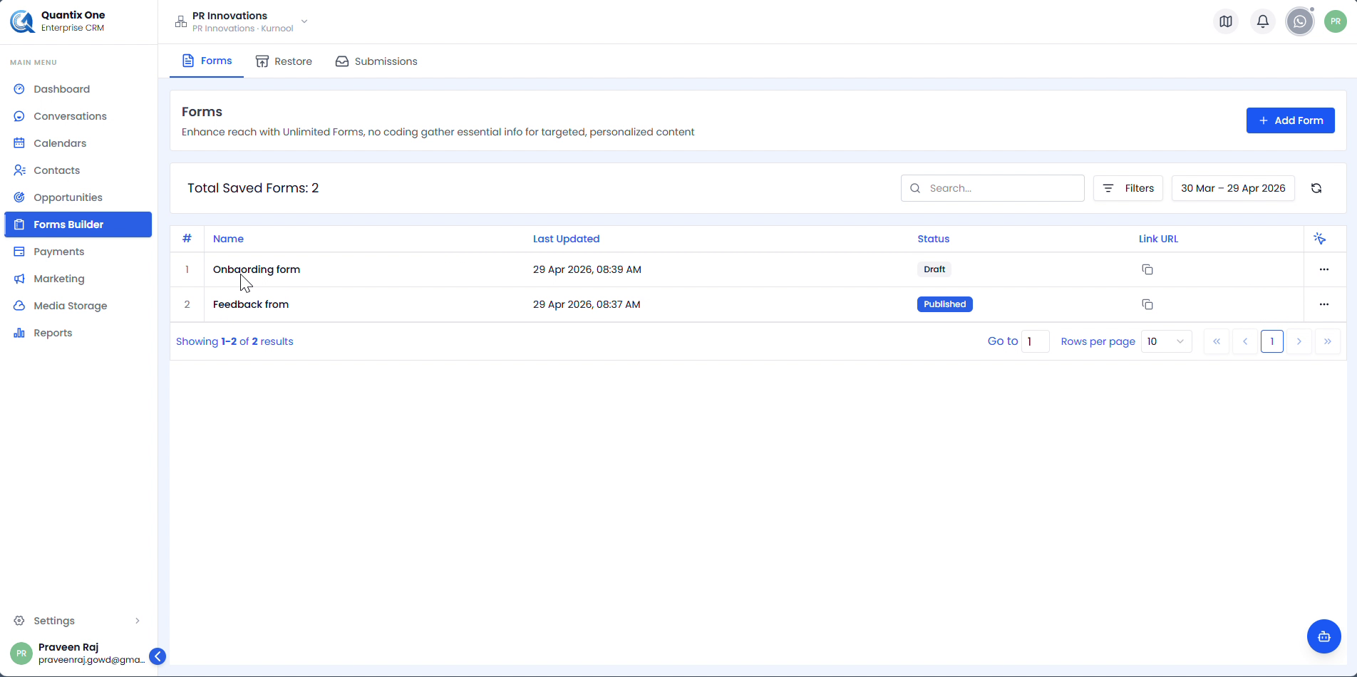 Form published with copy link