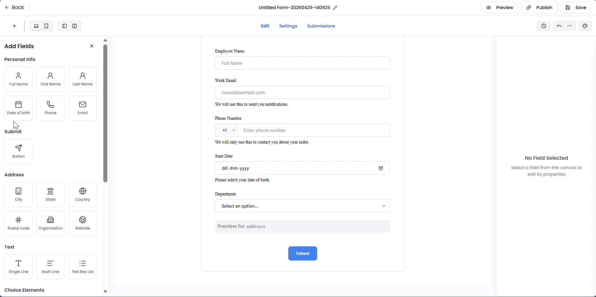 Template loaded in builder