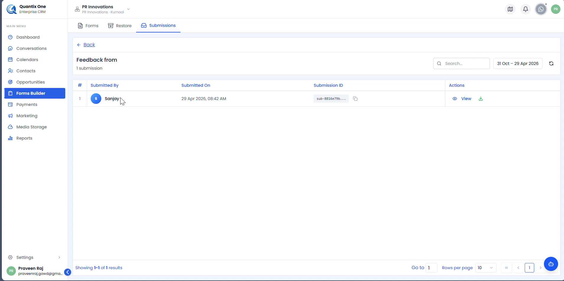 Feedback form submissions