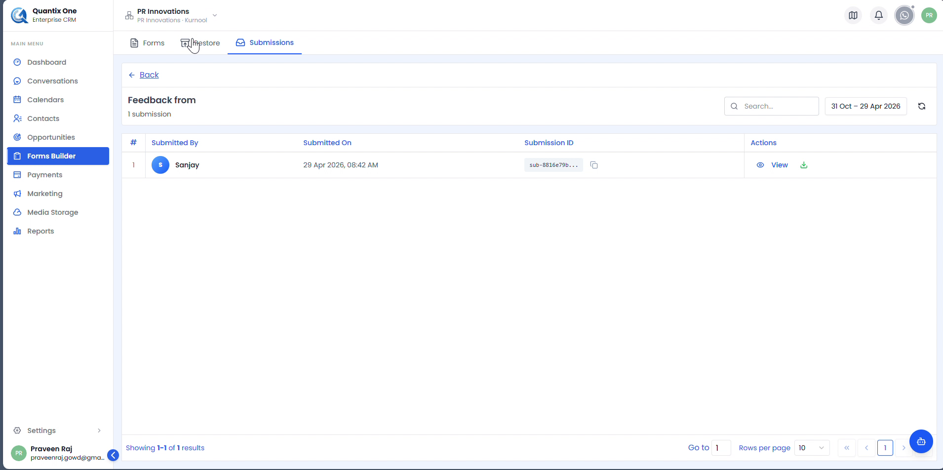 Submissions list for a form