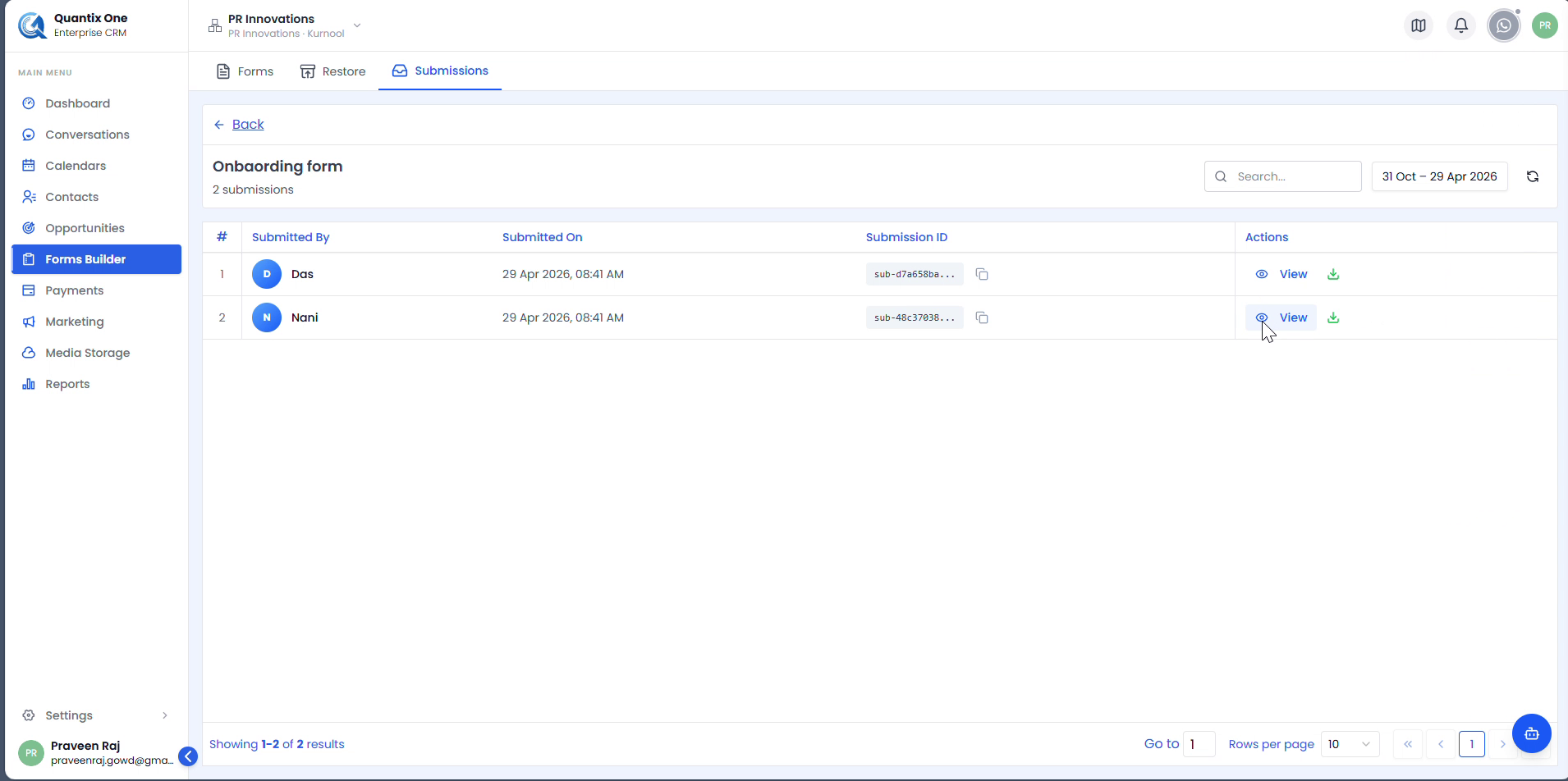 Submissions tab overview