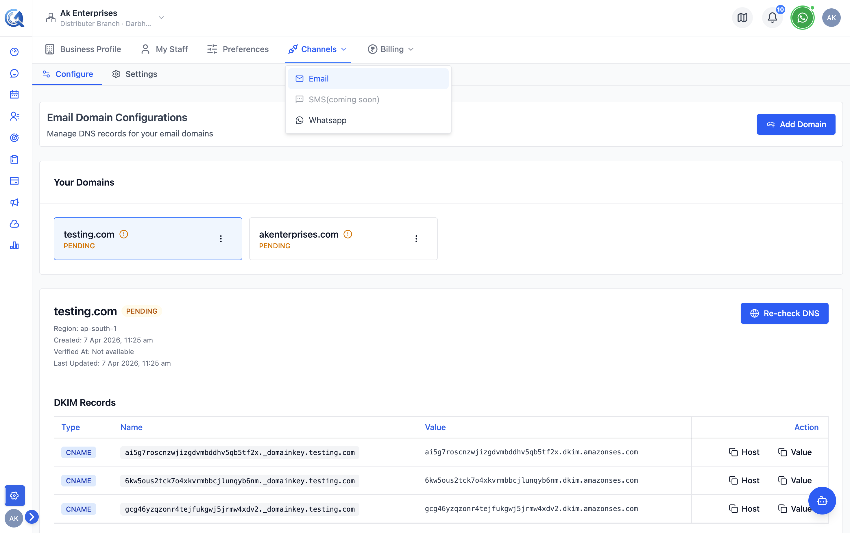 Settings > Channels > Email > Configure tab selected