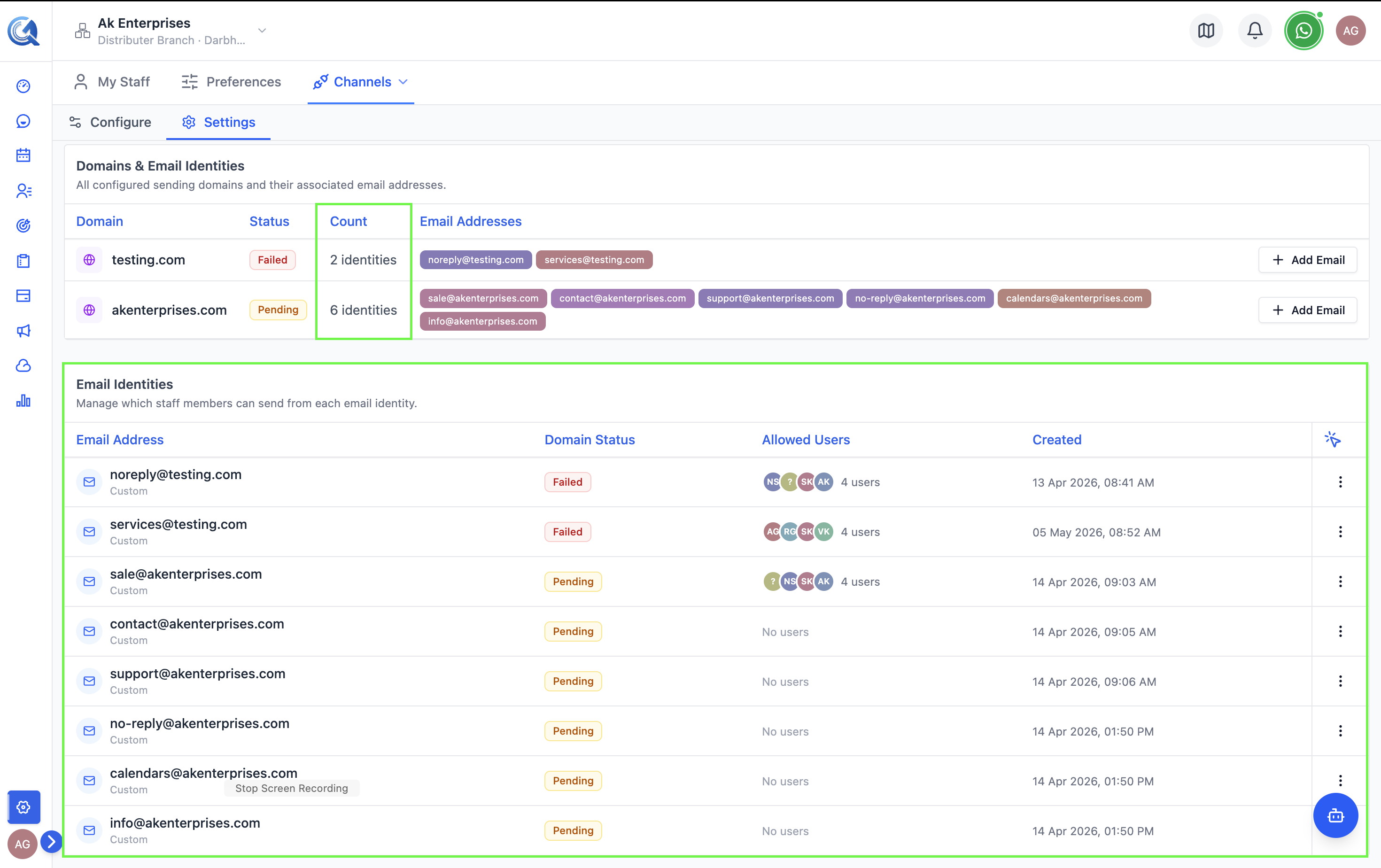 Configure tab with the Sender Identities section visible
