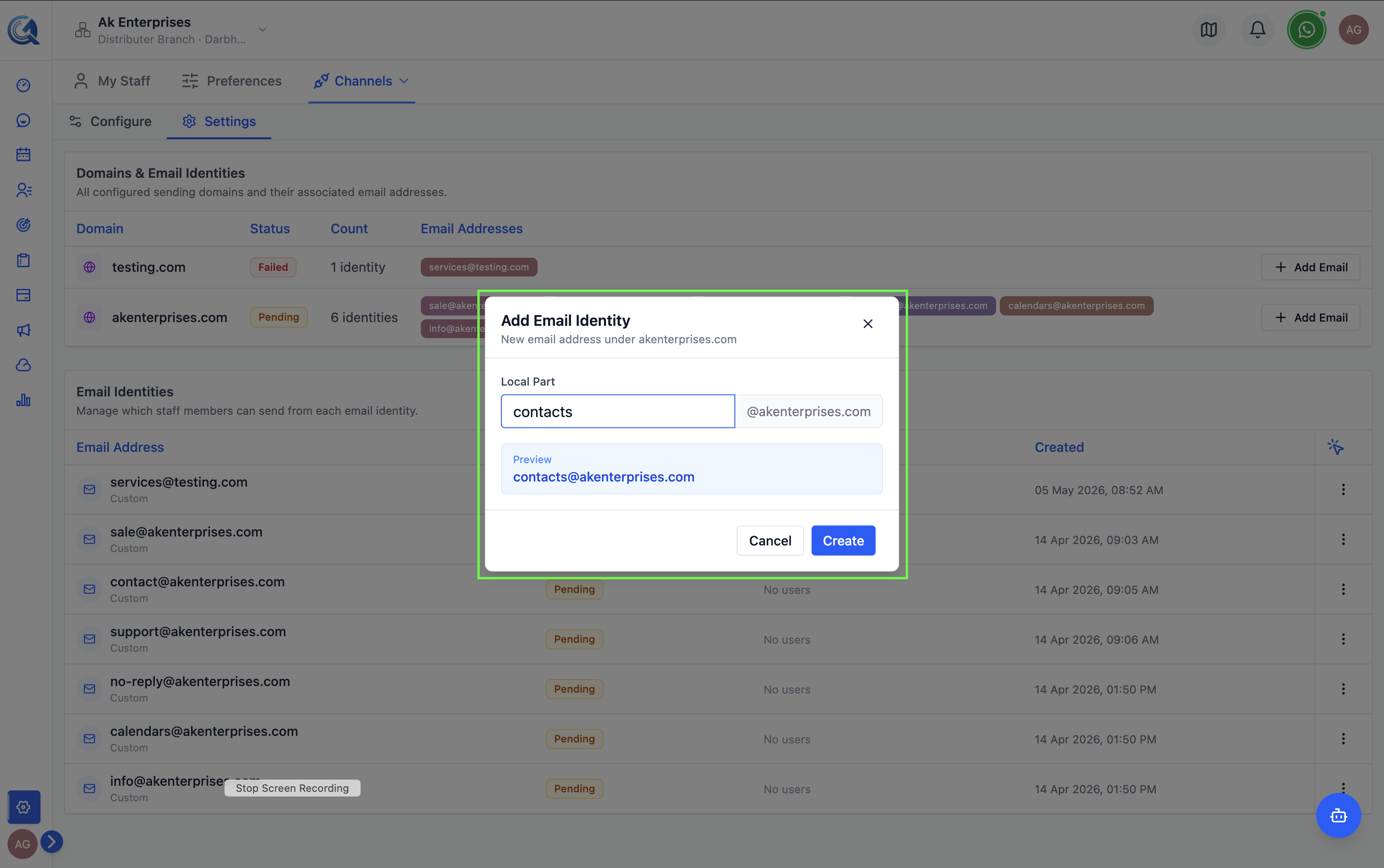 Add Sender Identity form with email, display name, and staff member fields