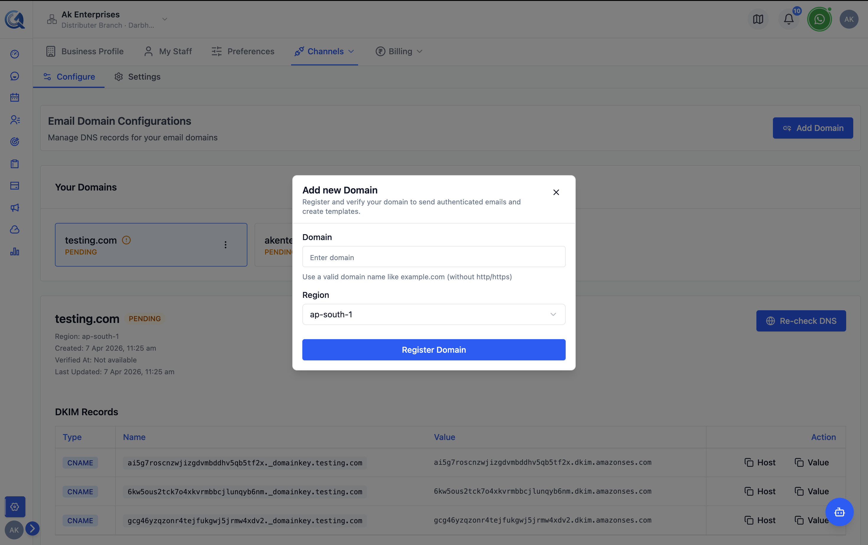 Register Domain form with a domain name entered