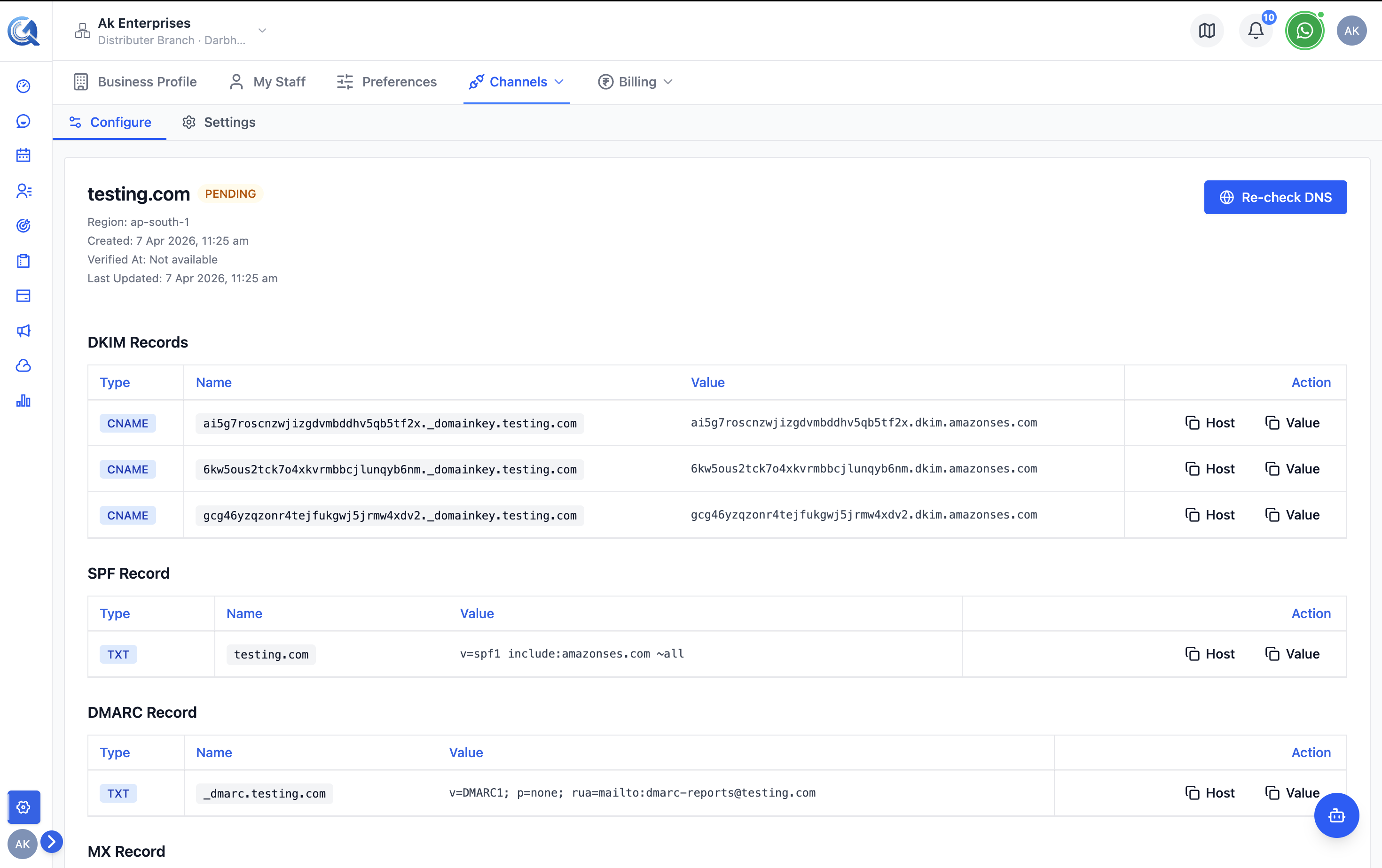 DNS records table showing DKIM, DMARC, and MX records to be added