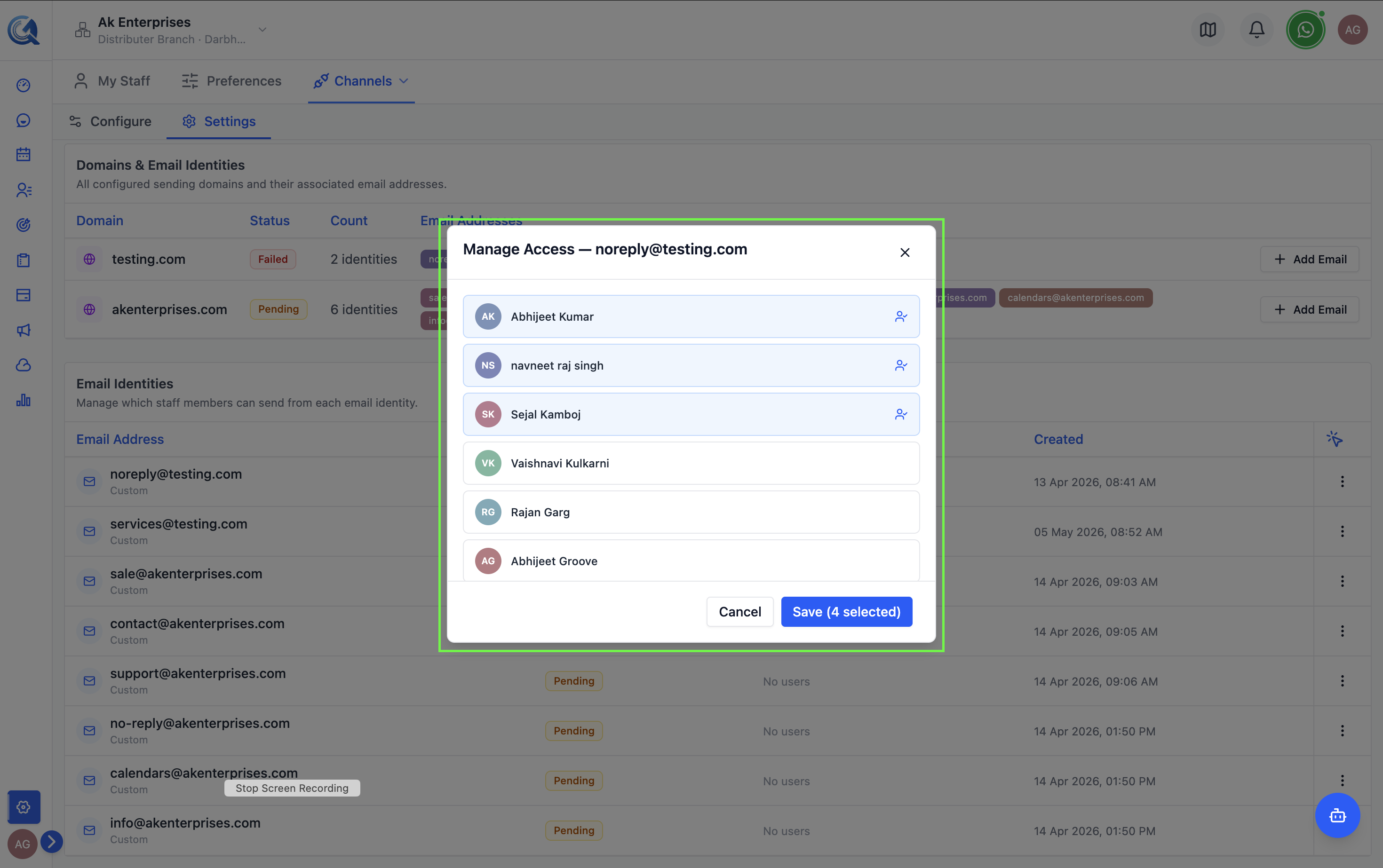 Permissions panel showing staff members allowed to use a shared identity
