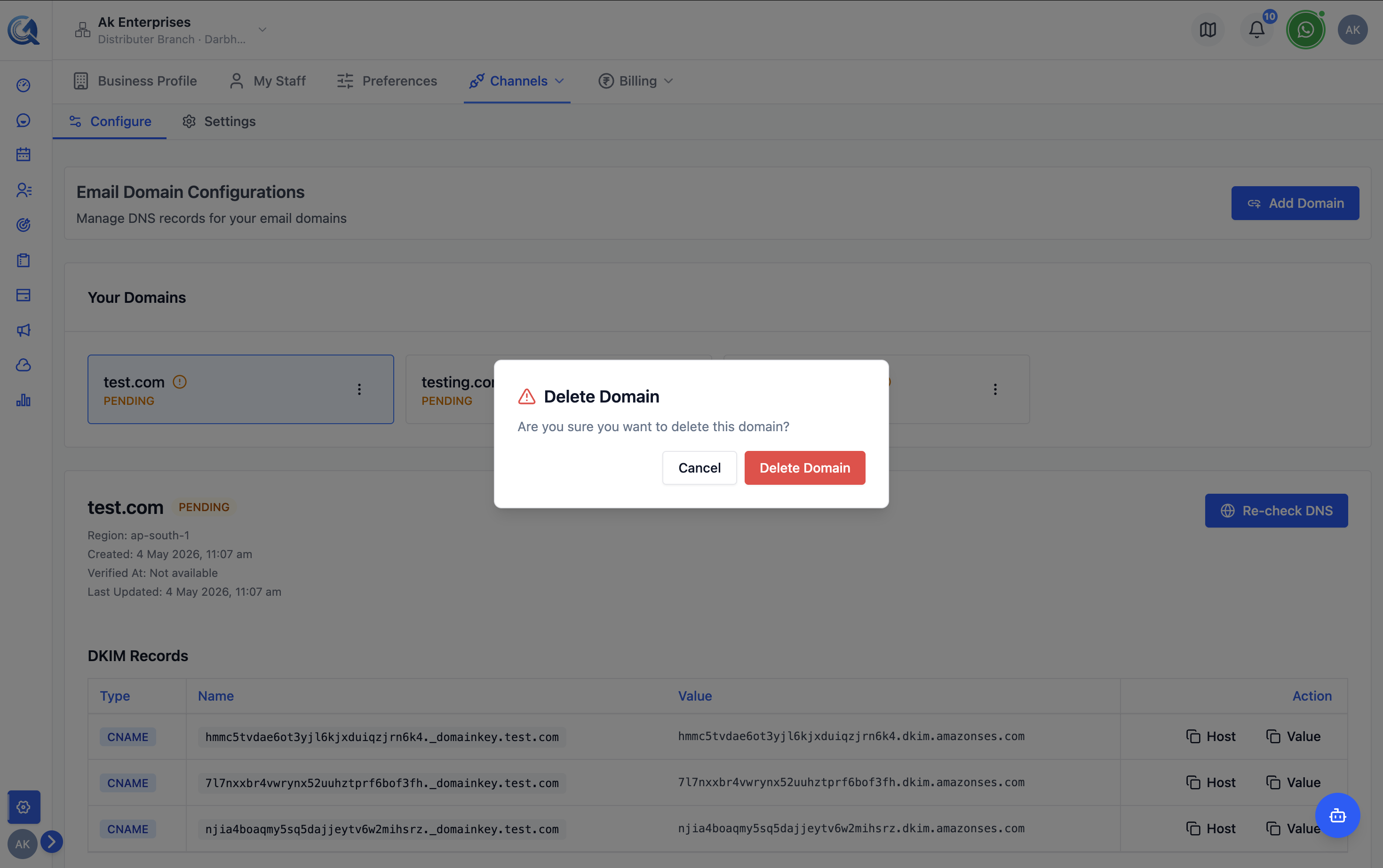 Delete icon on a domain row with a confirmation dialog