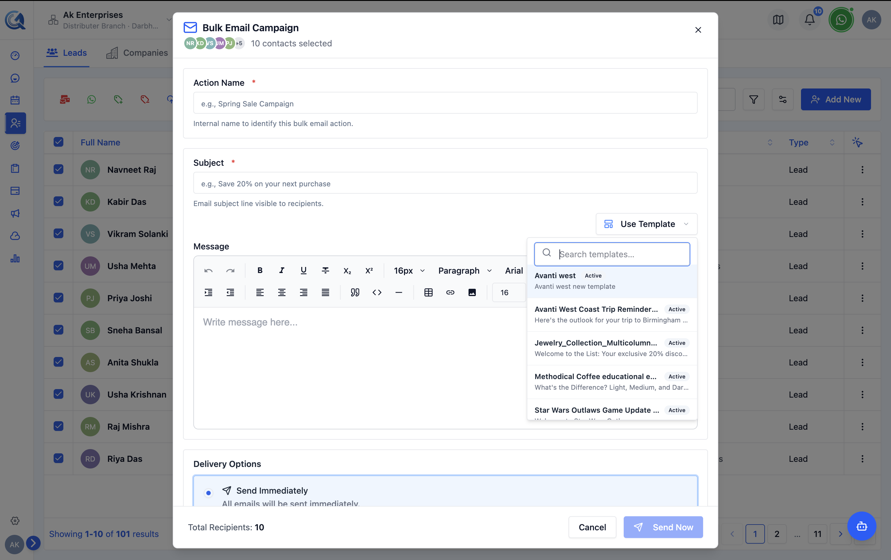 Template selector in the bulk email form