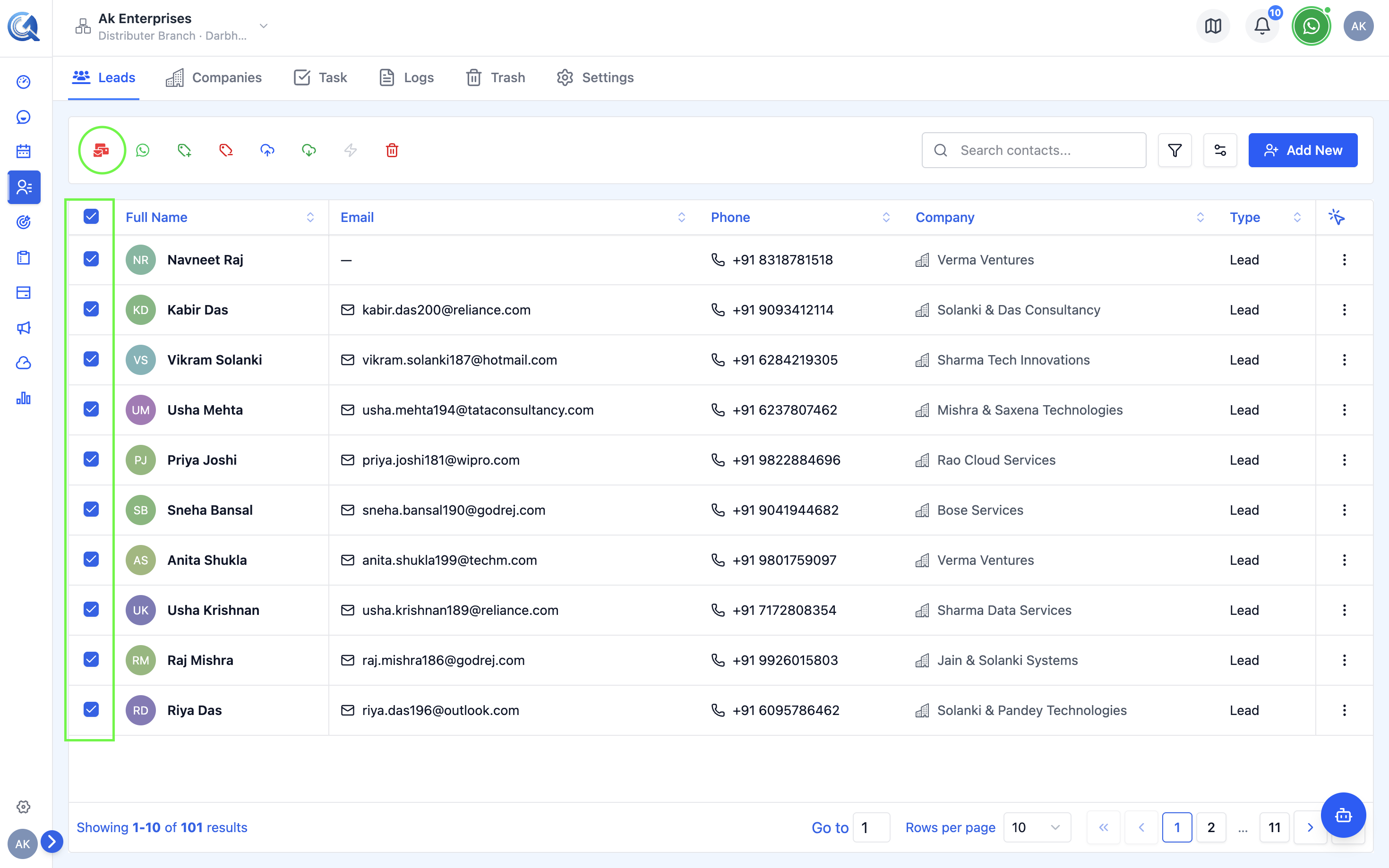 Contacts list with multiple contacts checked and Bulk Actions menu open showing Send Email
