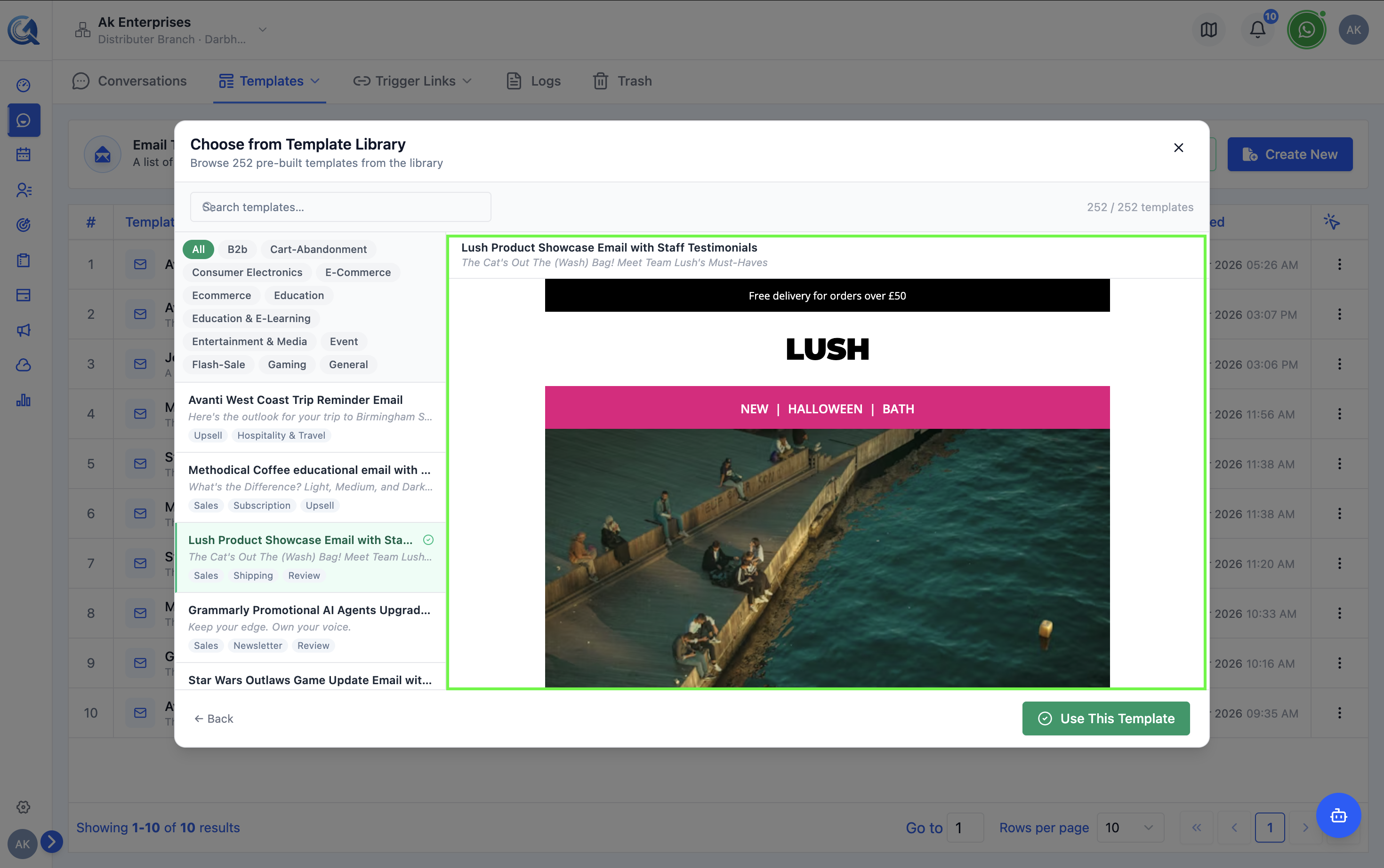 Full-size template preview modal with a Close and Use This Template button