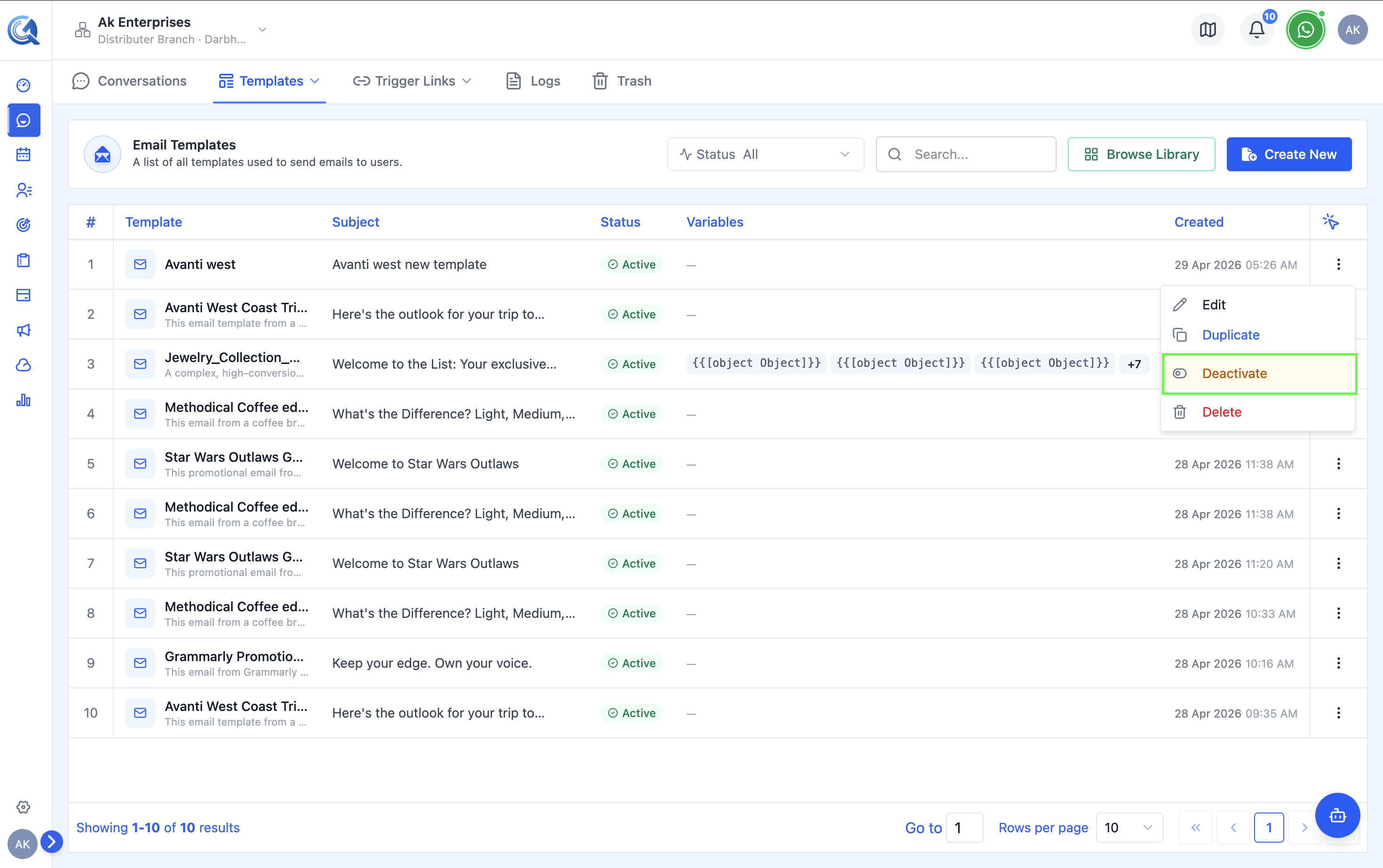Status toggle switch on a template row being toggled