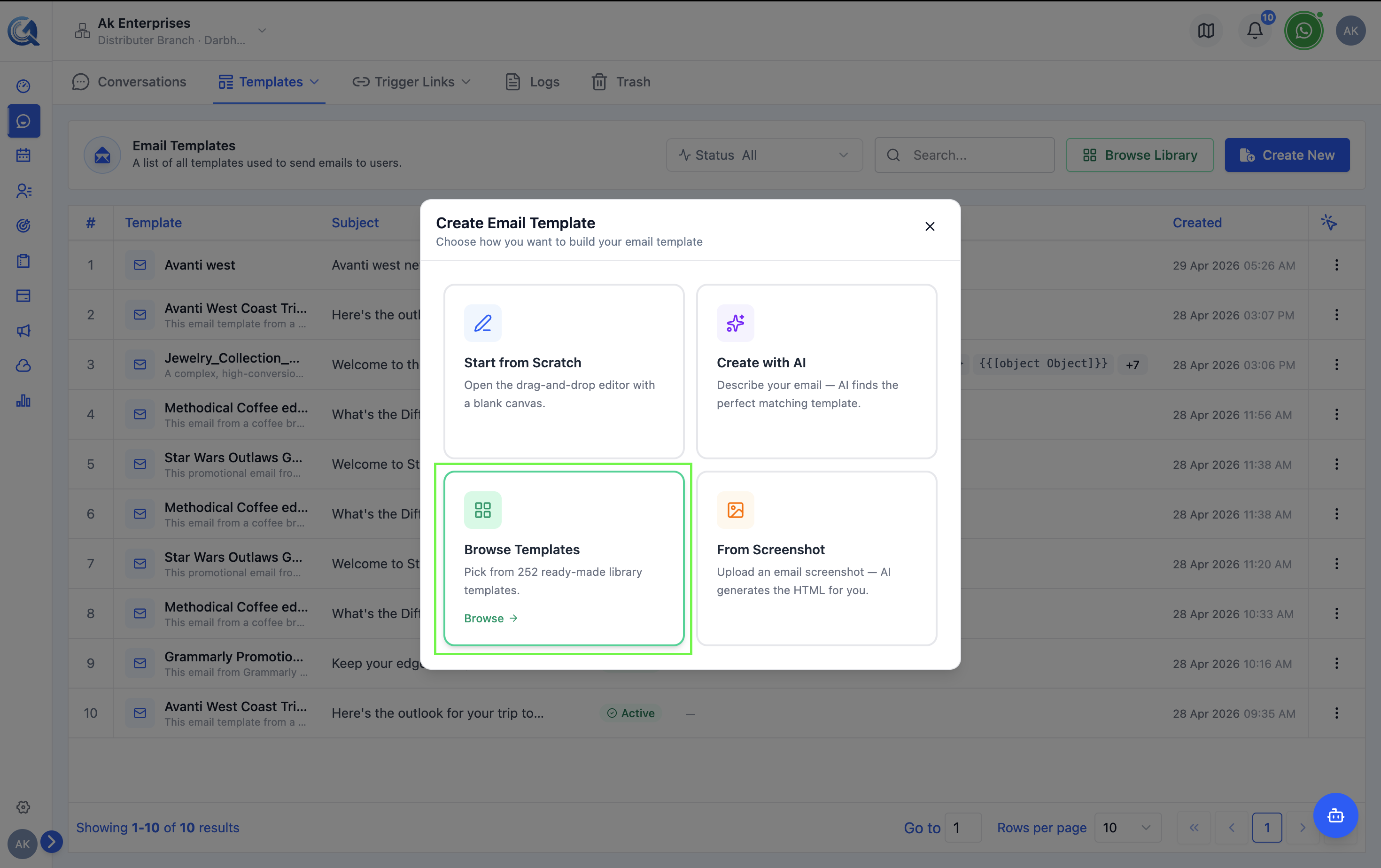 New template dialog with the Use a Library Template option highlighted