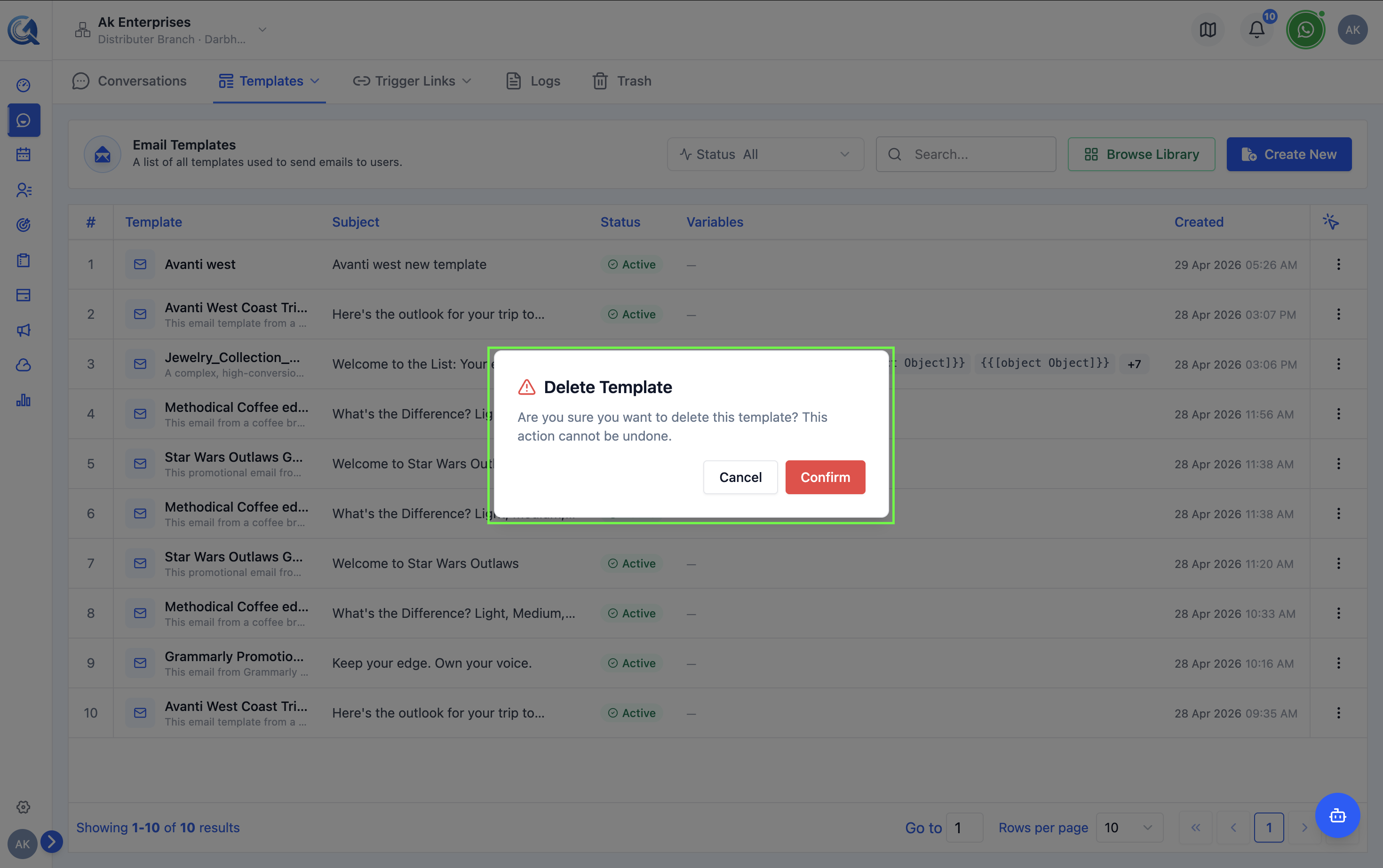 Delete confirmation dialog for a template