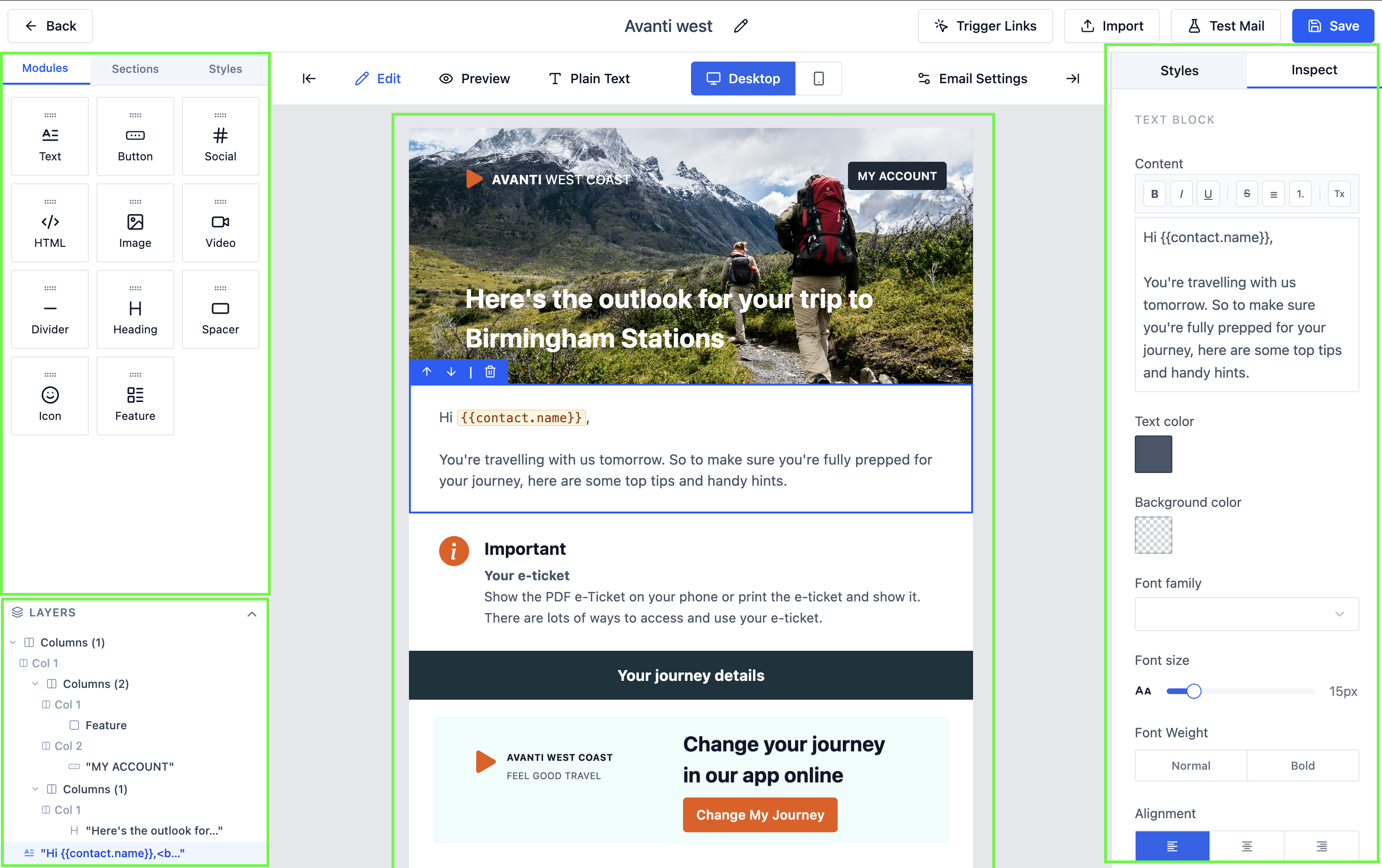 Template builder full layout with three panels labeled