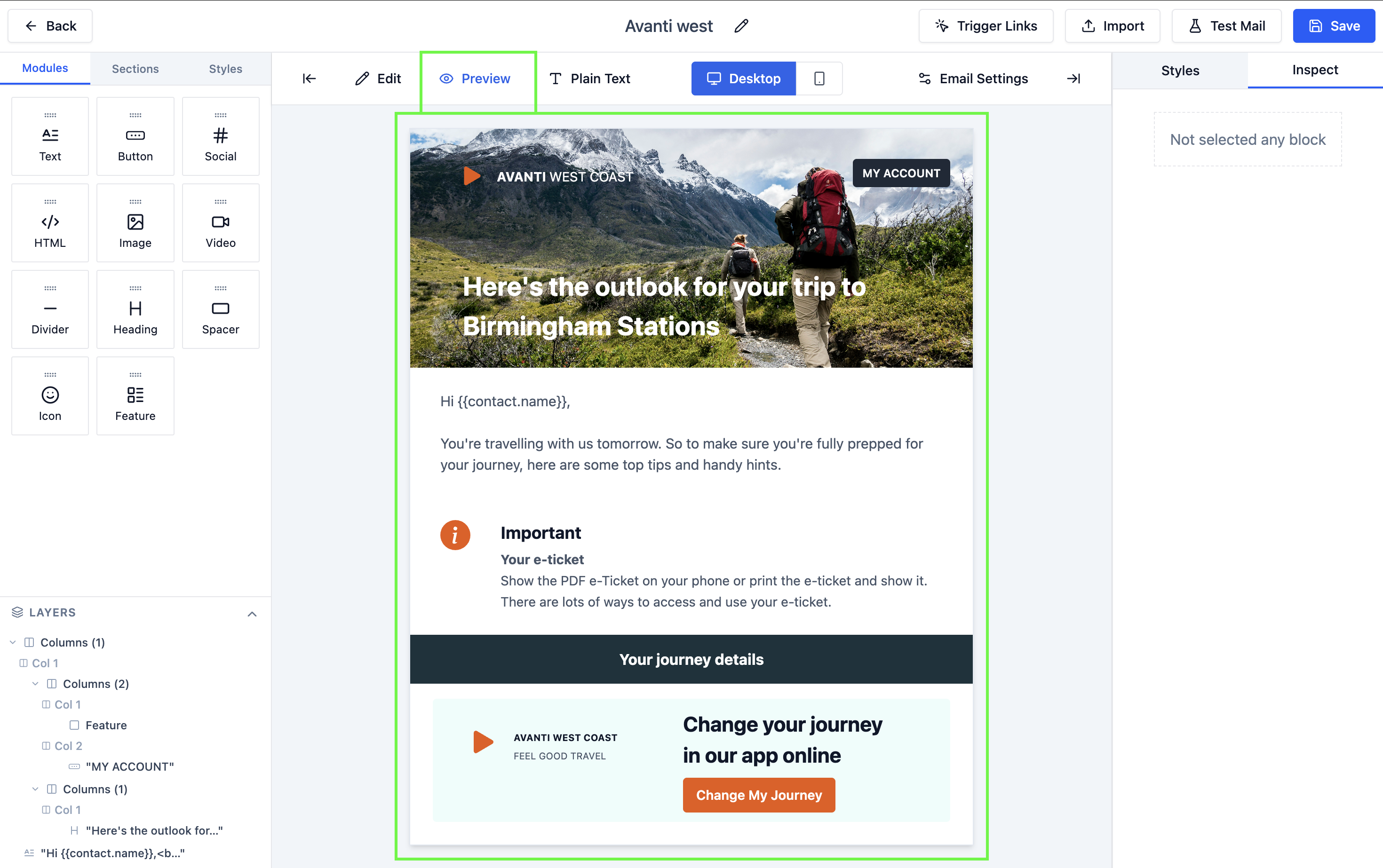 HTML preview modal showing the rendered email