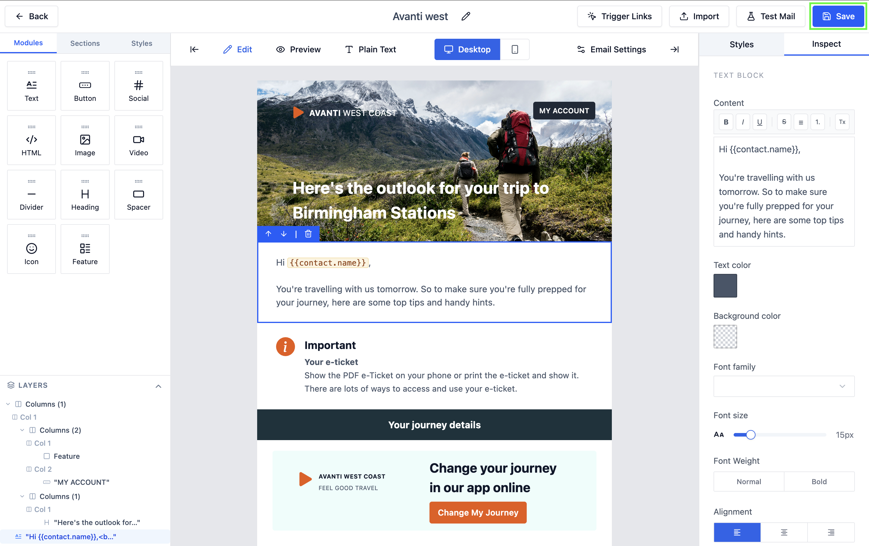 Save and Publish buttons in the template builder toolbar