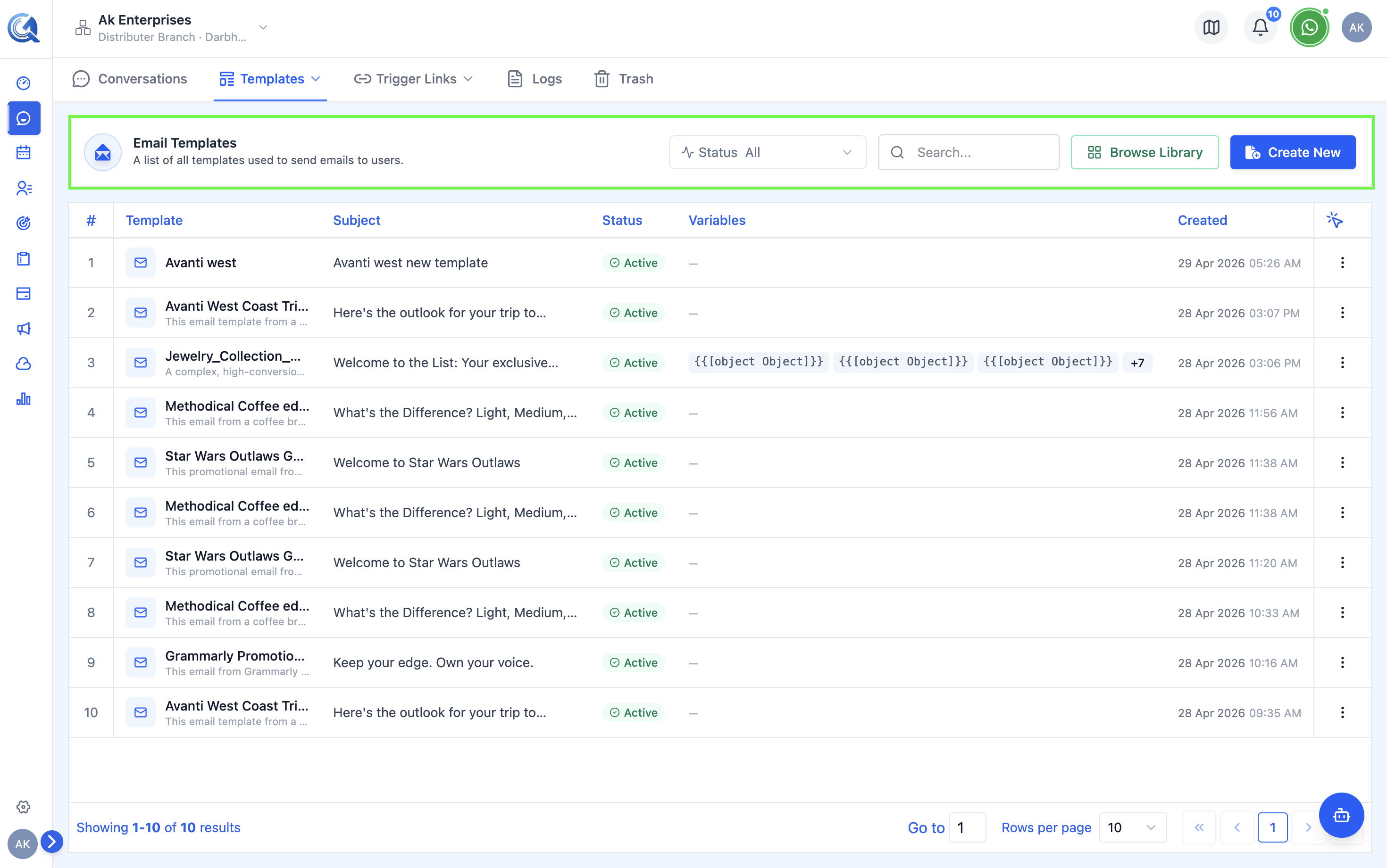 Templates list with search bar and status filter dropdown visible