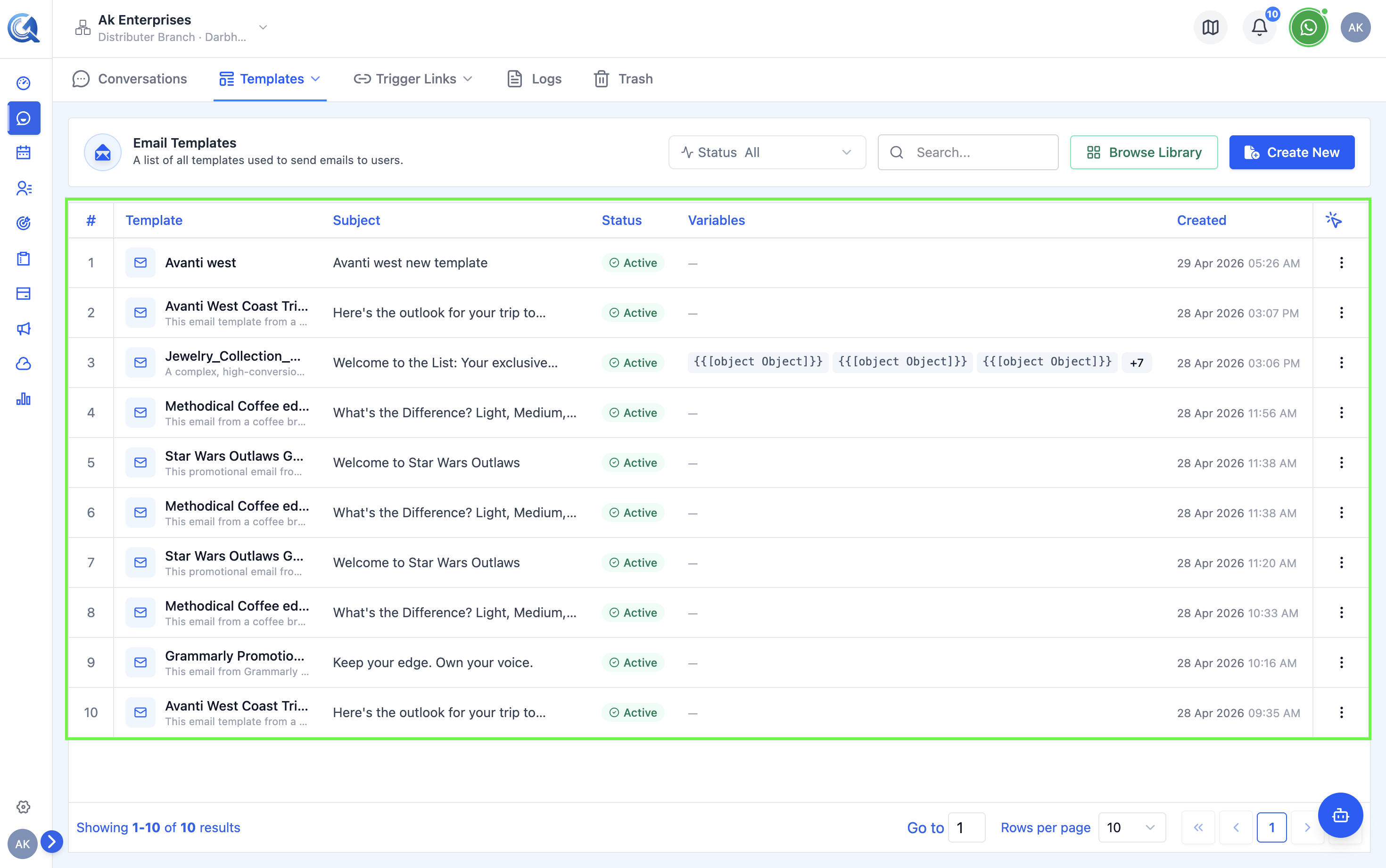 Email templates list table with columns for name, status, and actions