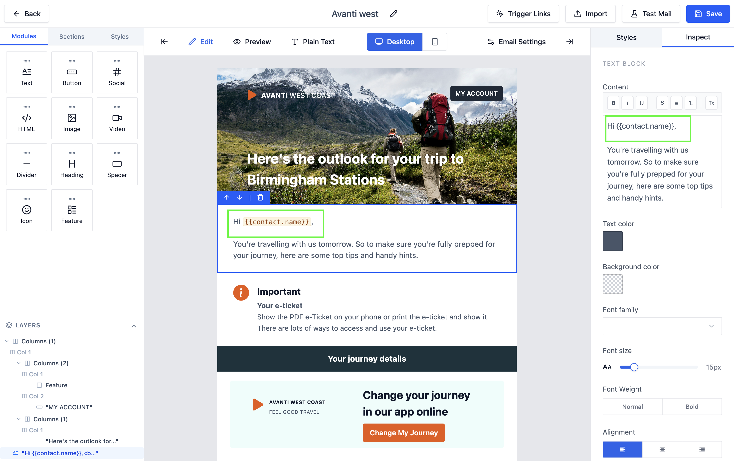 Template builder with palette, canvas, and settings panel visible
