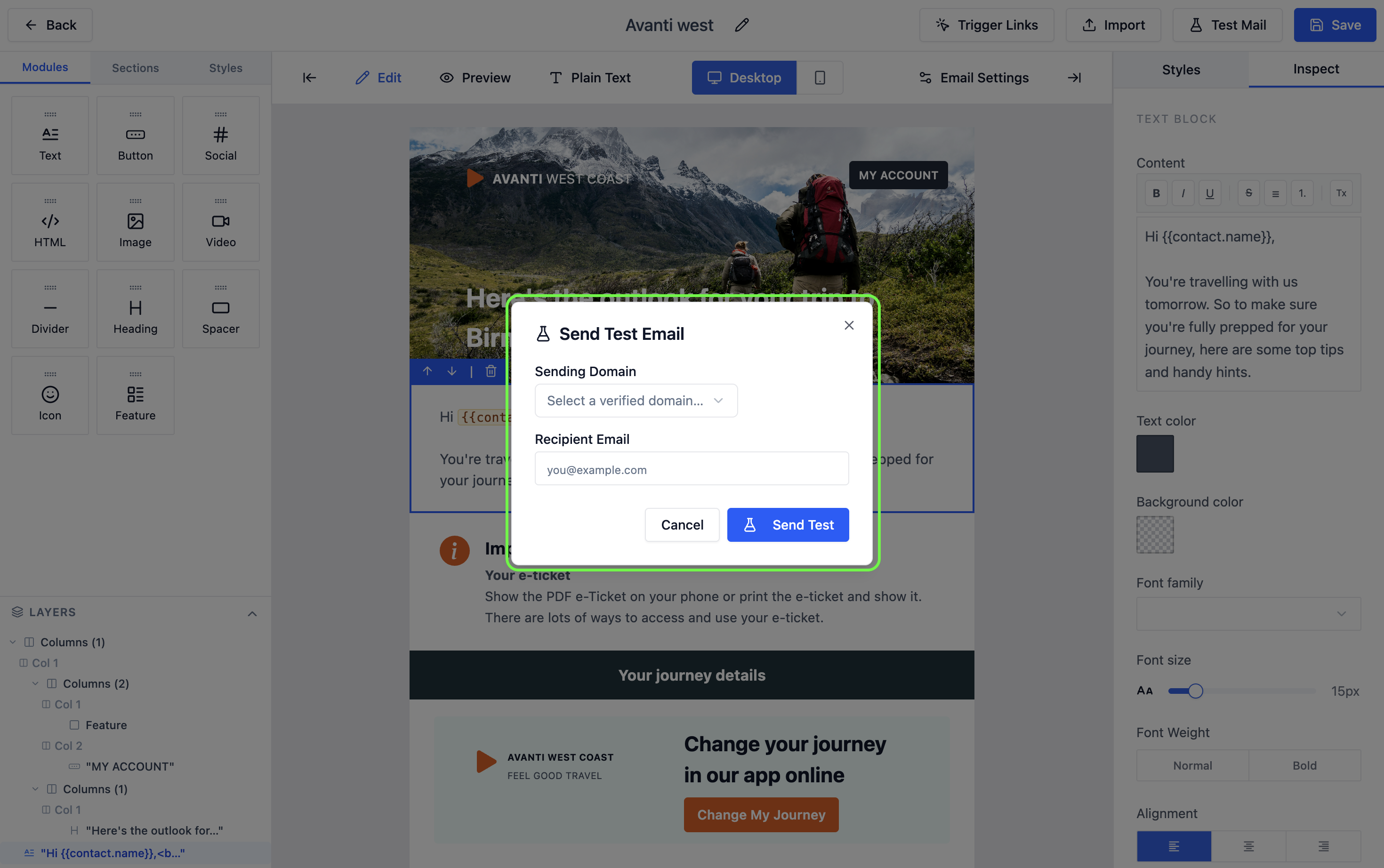 Send Test dialog with email address input