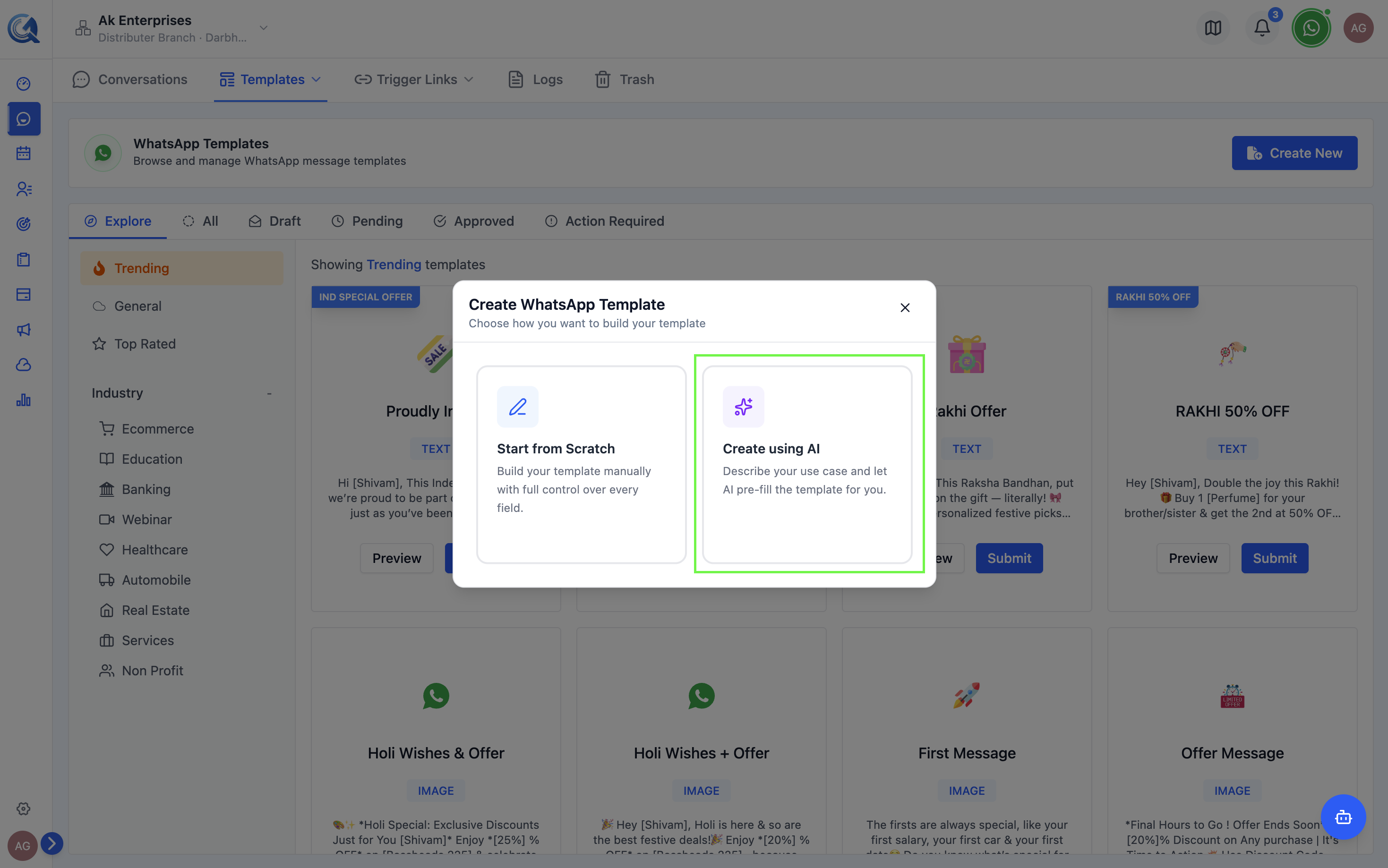 New template dialog with the AI Generator option highlighted