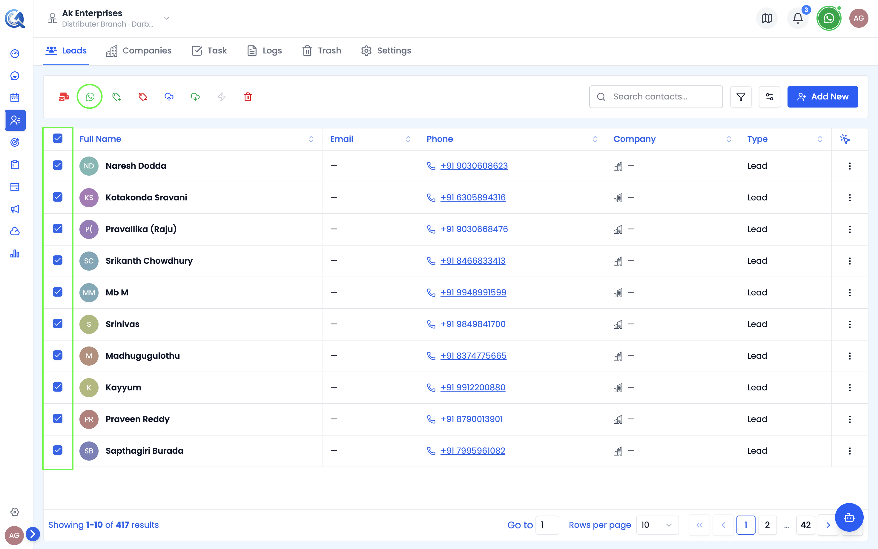 Contacts list with multiple contacts checked and Bulk Actions menu open showing Send WhatsApp