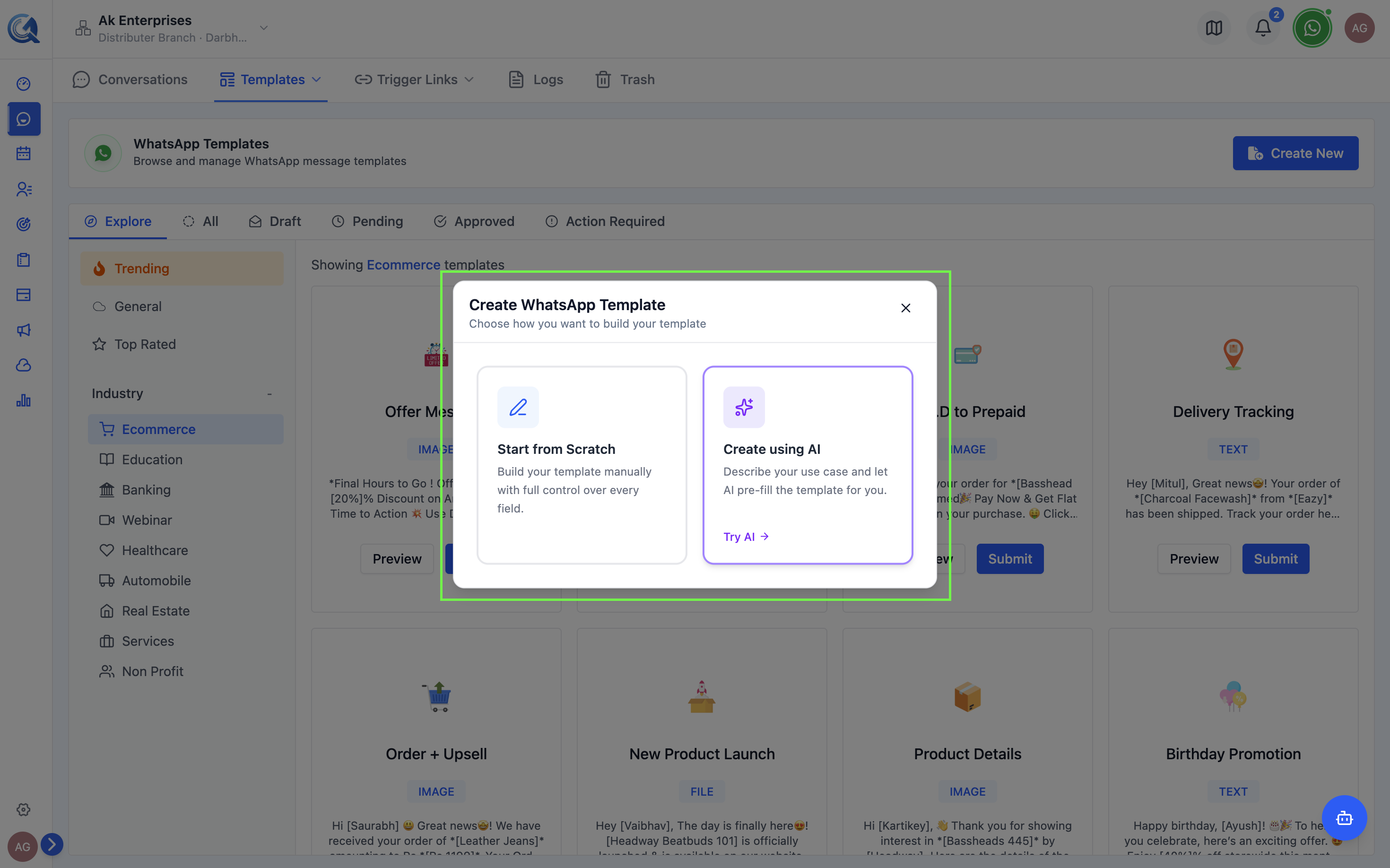 New template dialog with Start from Scratch and AI Generator options